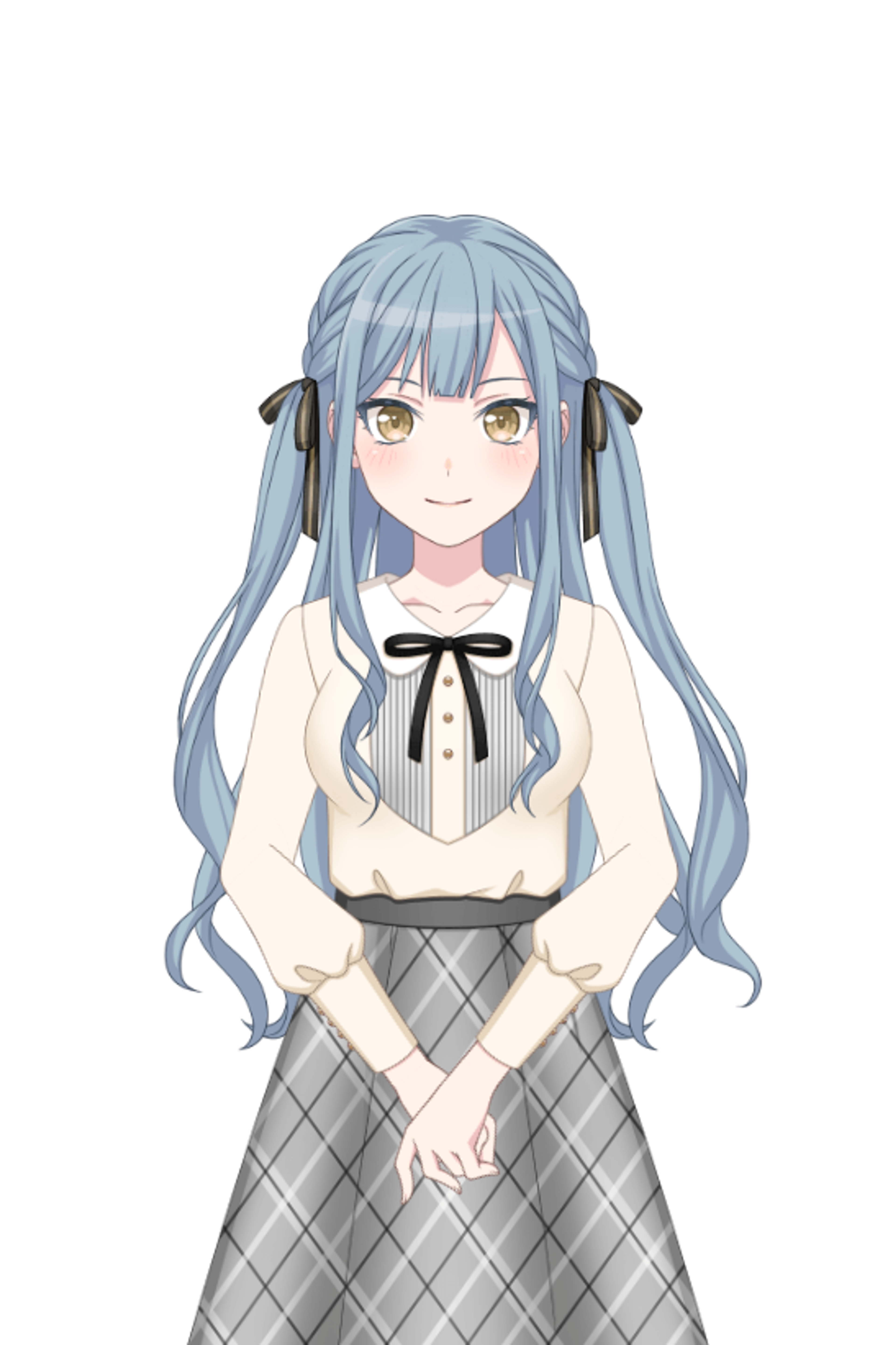 A young woman with light blue hair and a reserved expression, wearing a white blouse with a black bow tie.
