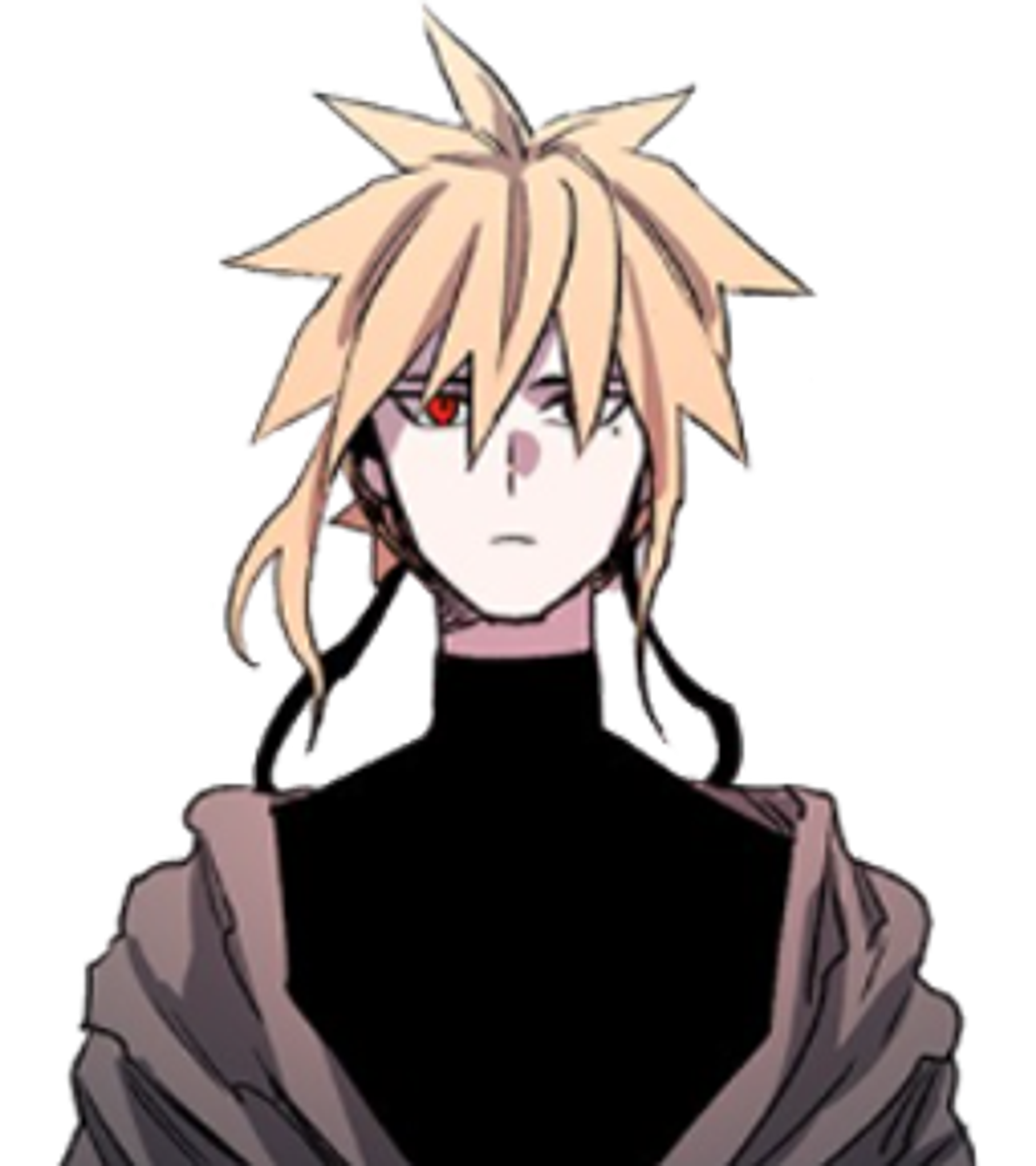 A young man with blonde hair and red eyes wearing a dark cloak