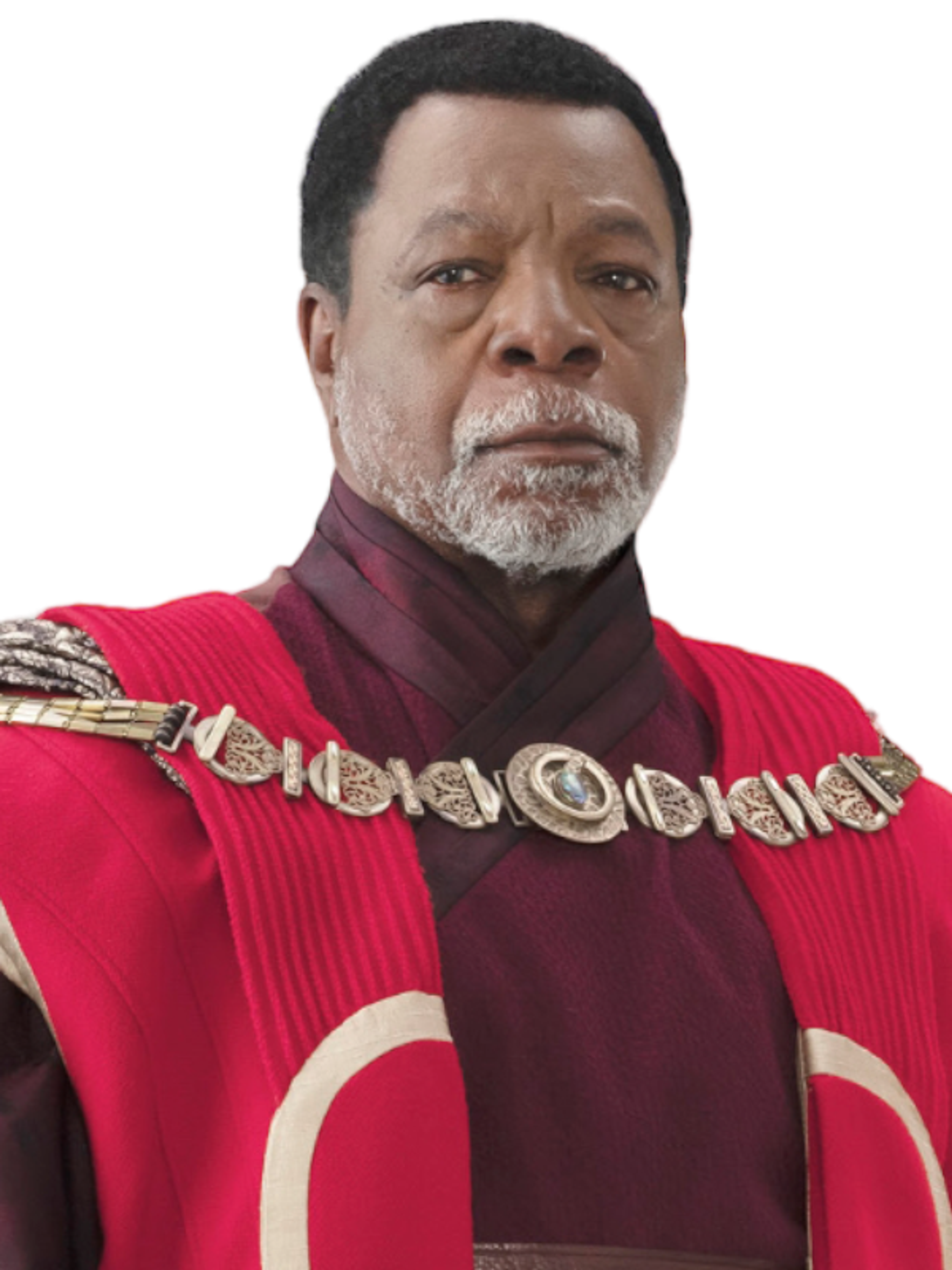 A middle-aged man in a red and gold uniform