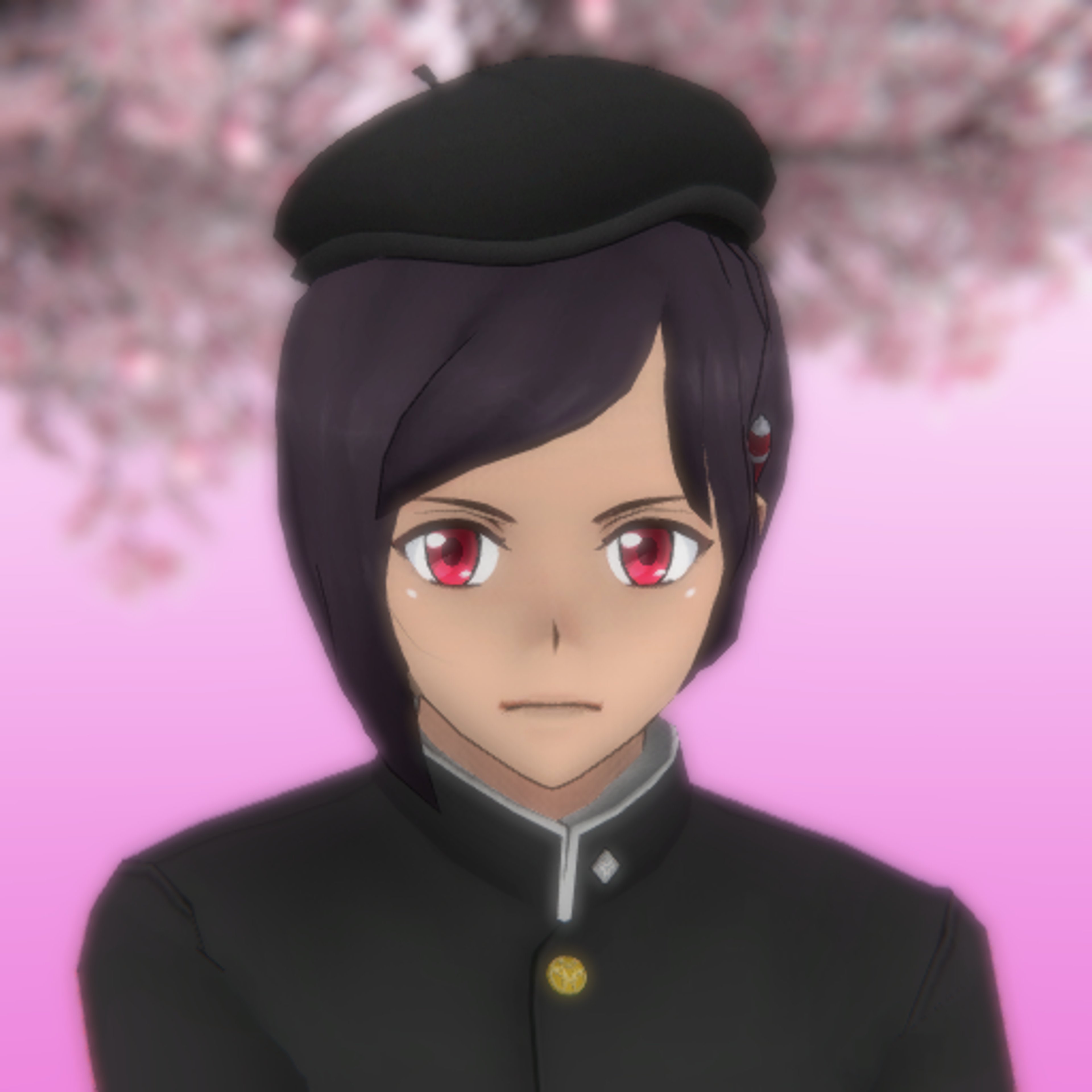 An anime-style character with dark hair and a serious expression, wearing a black school uniform.