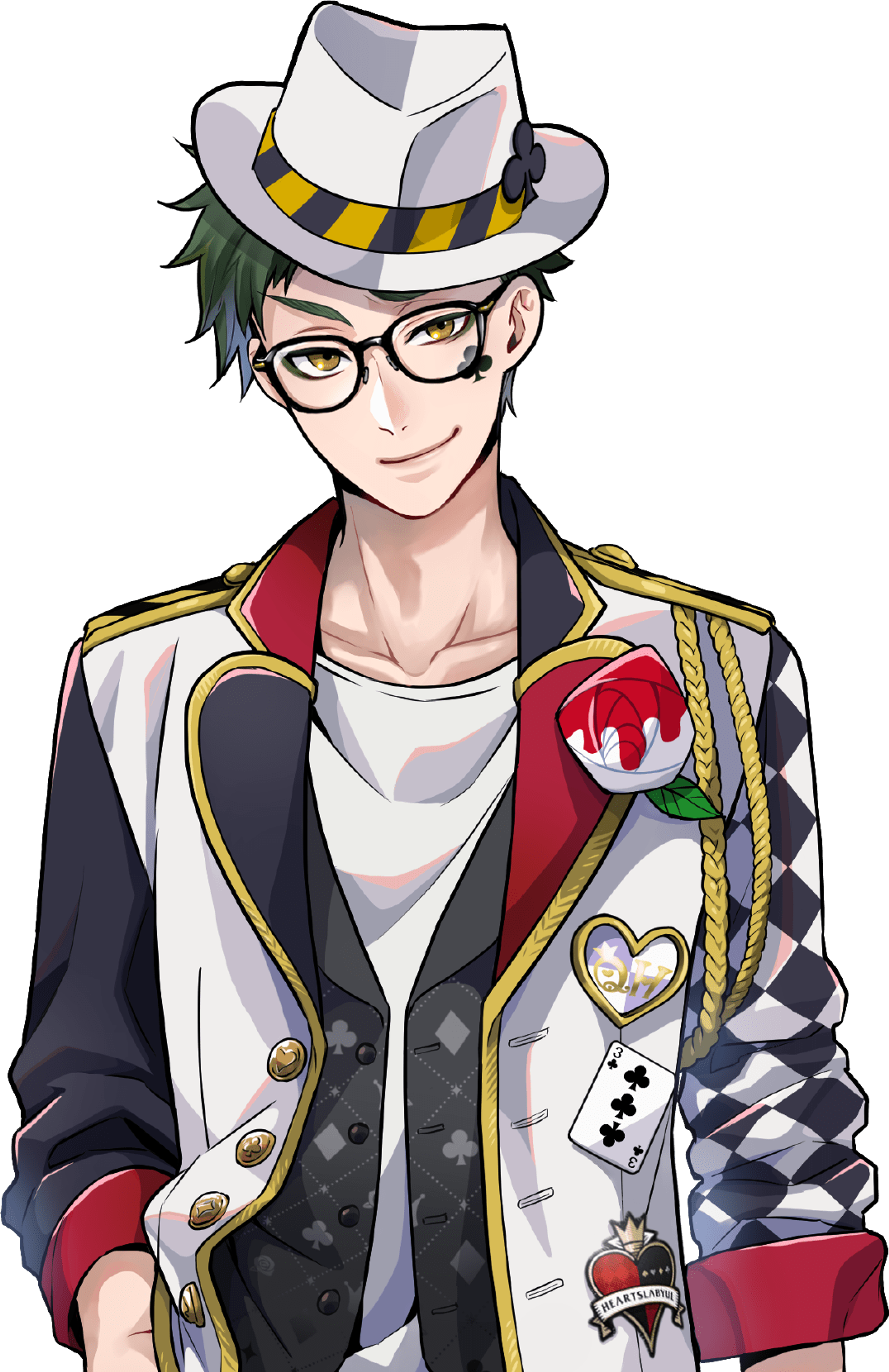Trey Clover, a bespectacled 18-year-old student with dark green hair and a club-shaped cheek marking