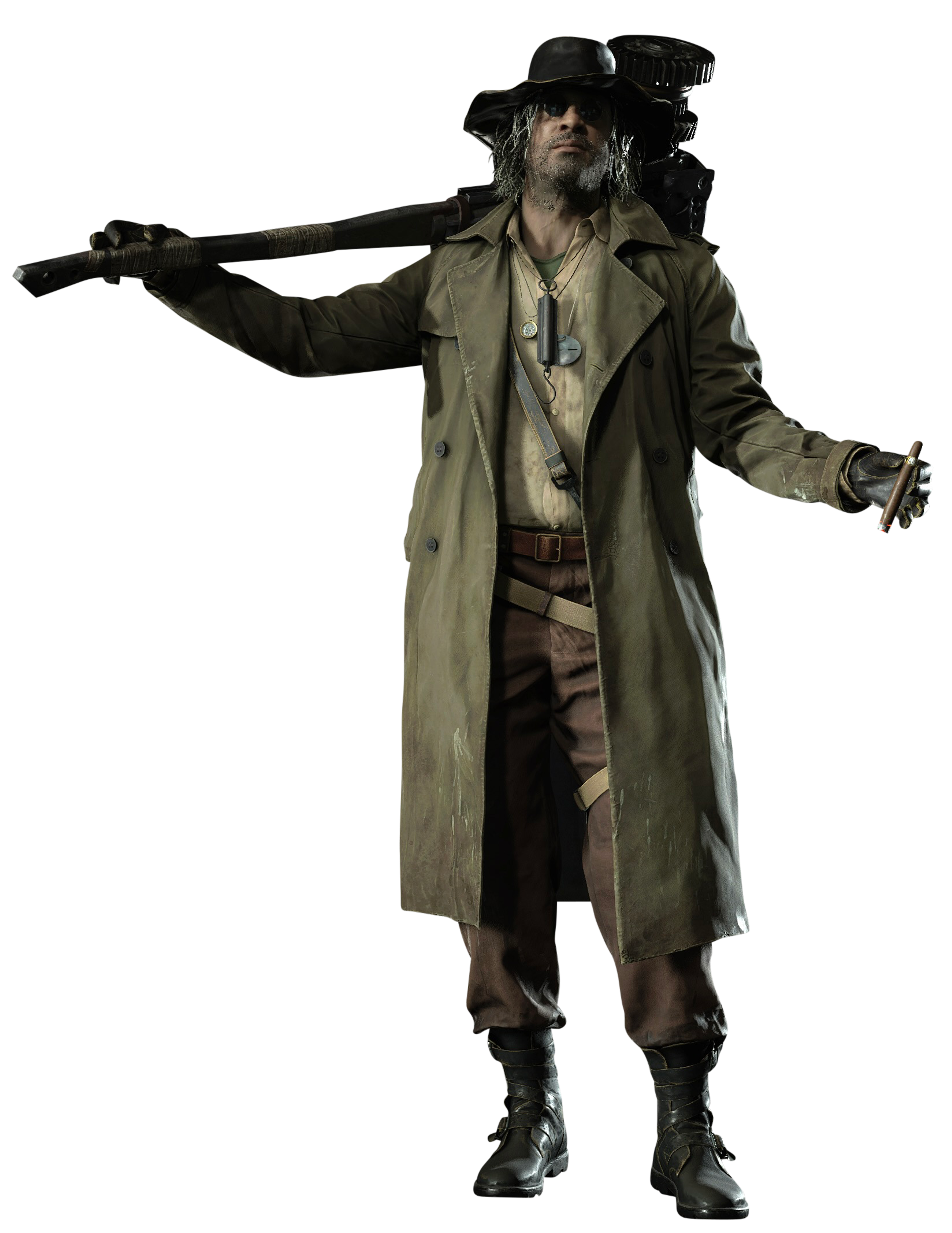 A man wearing a wide-brimmed hat, tinted glasses, and a distinctive casual outfit, holding a large, custom-made hammer.