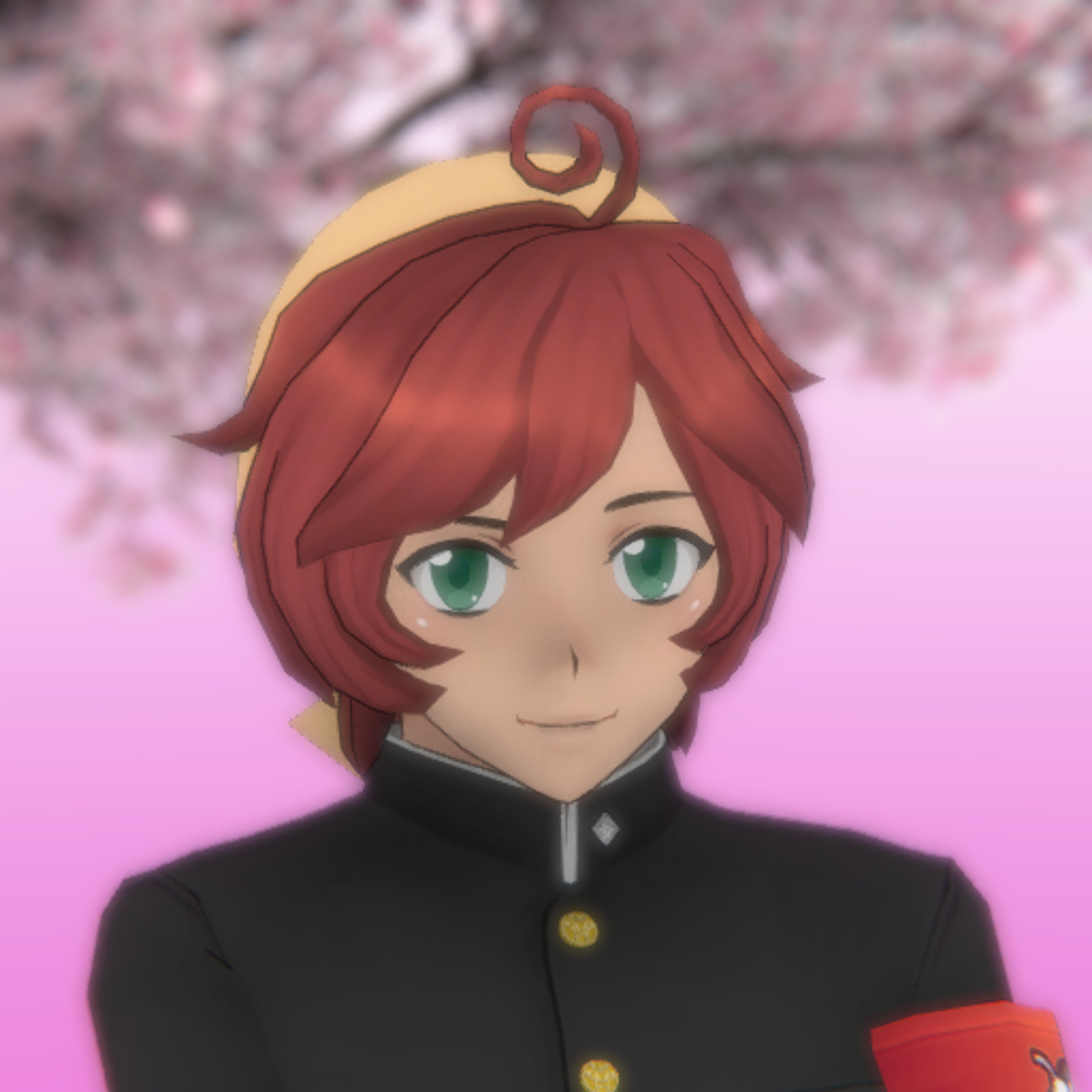 A young man with auburn hair and green eyes wearing a black school uniform