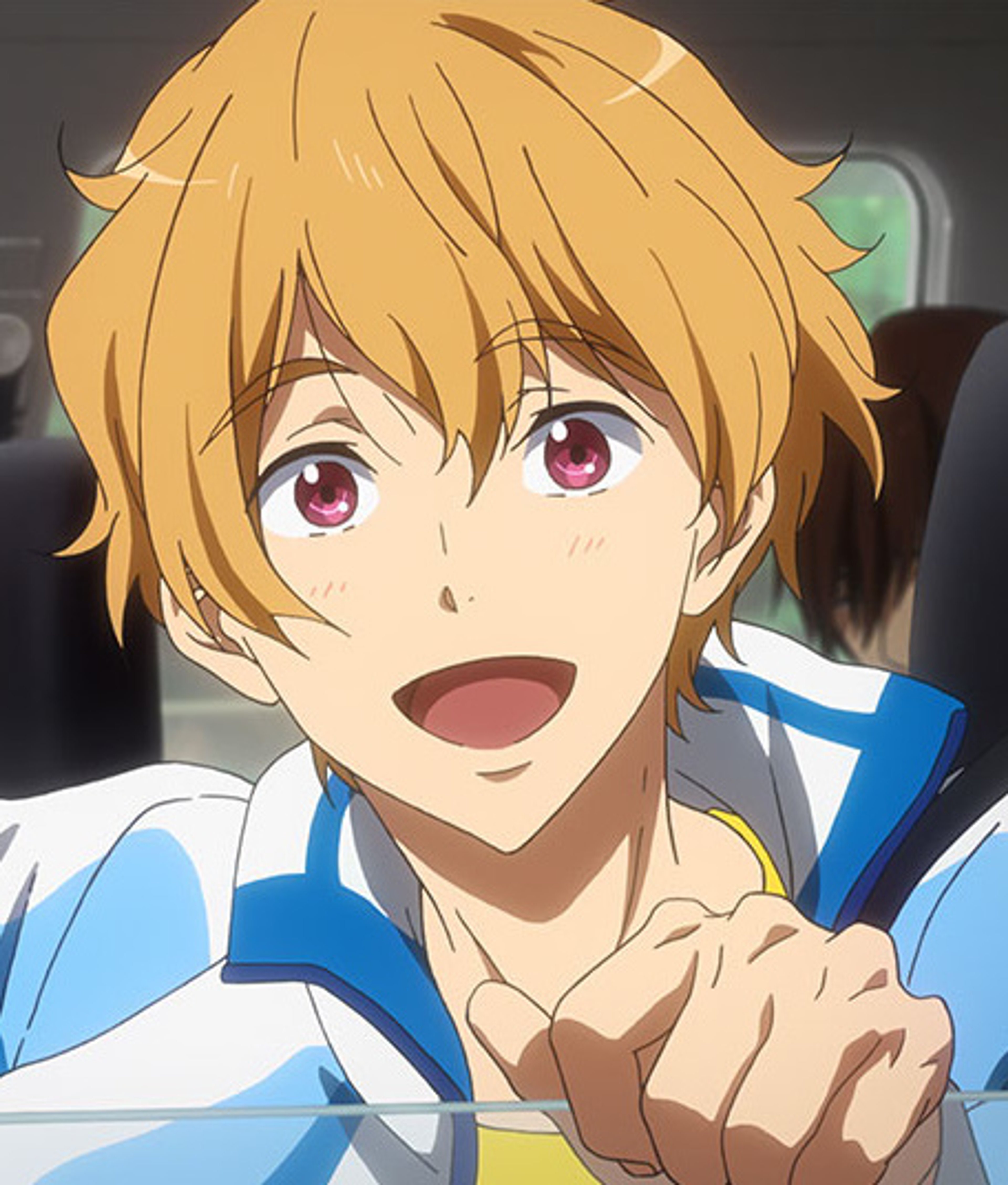 An anime character with short blonde hair and a cheerful expression, wearing a blue and white school uniform.