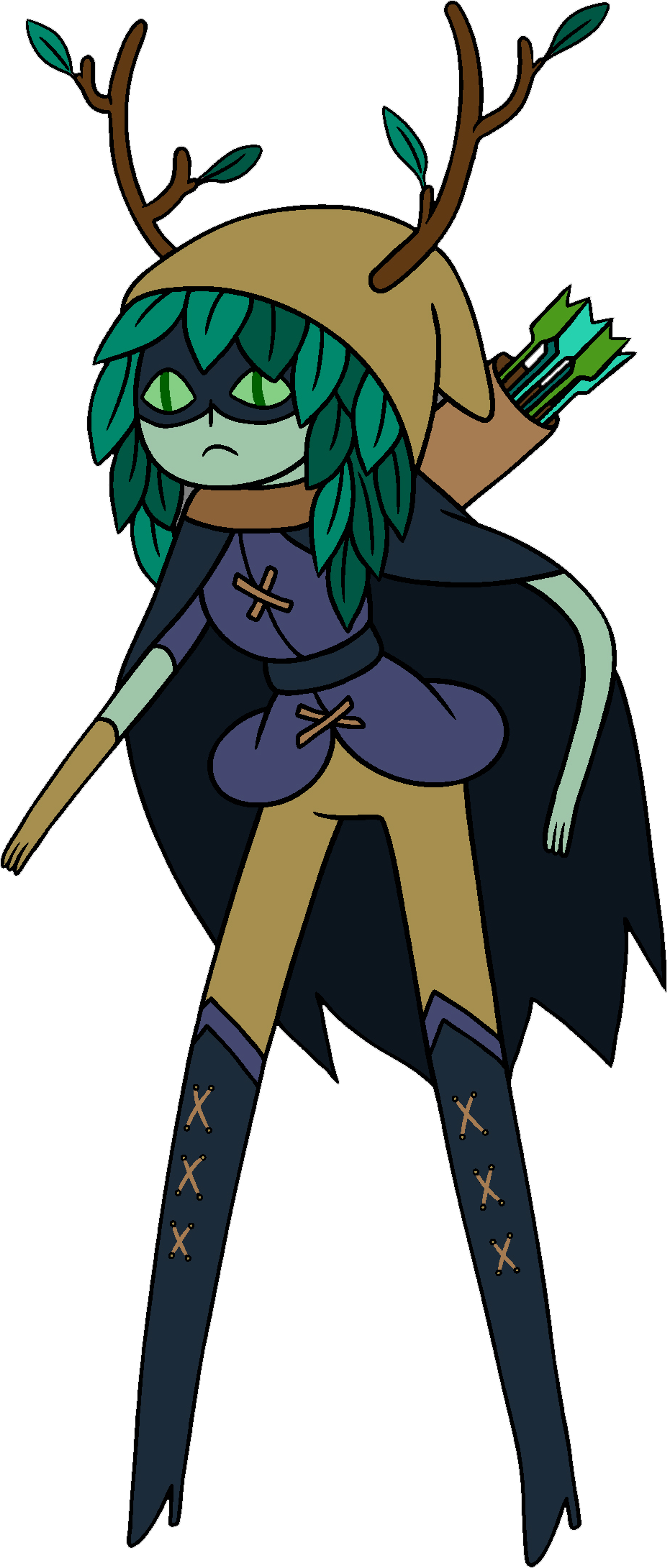 An animated character with green skin, white hair, and antlers, wearing a dark purple outfit and holding a bow and arrow.