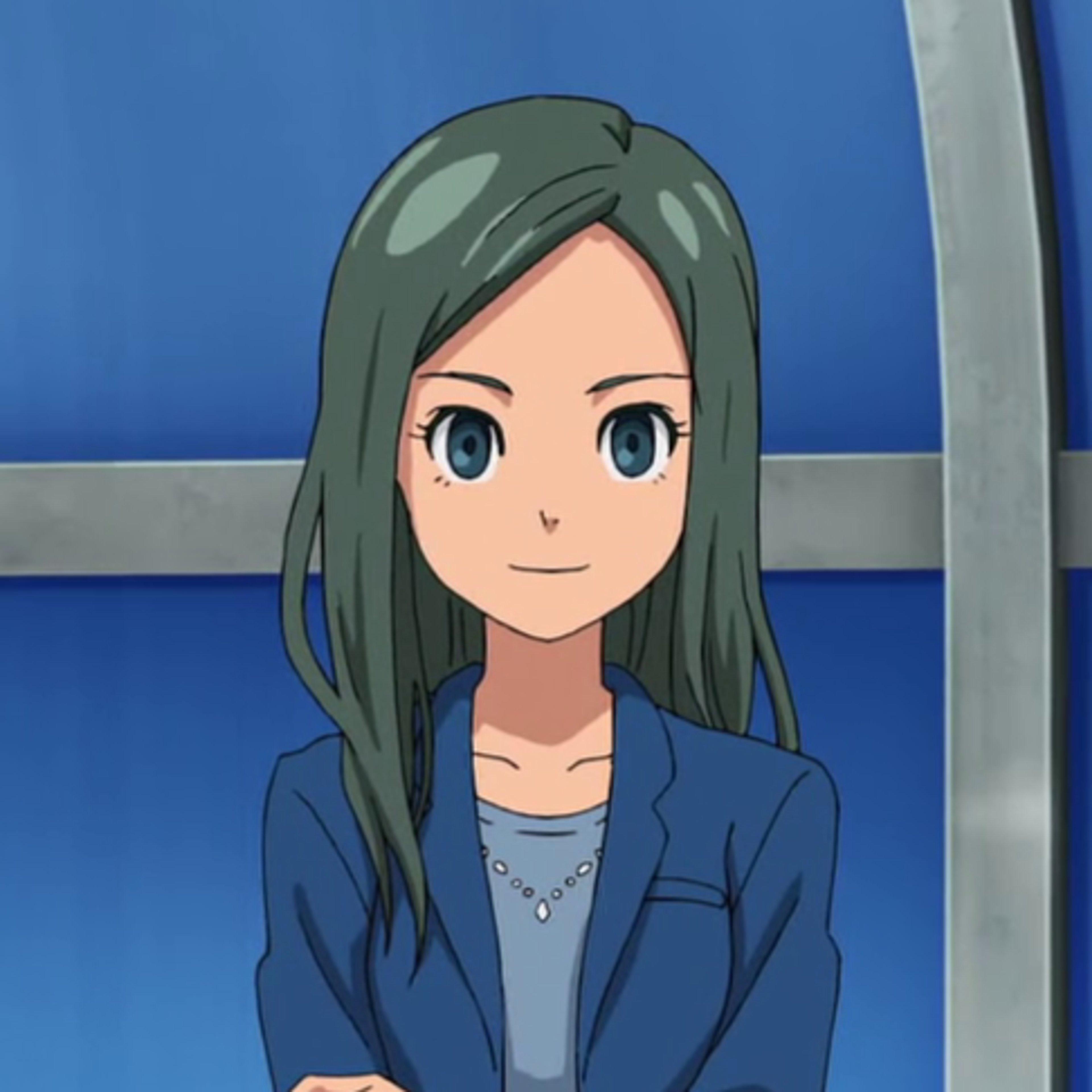 An anime-style character with green hair wearing a blue blazer