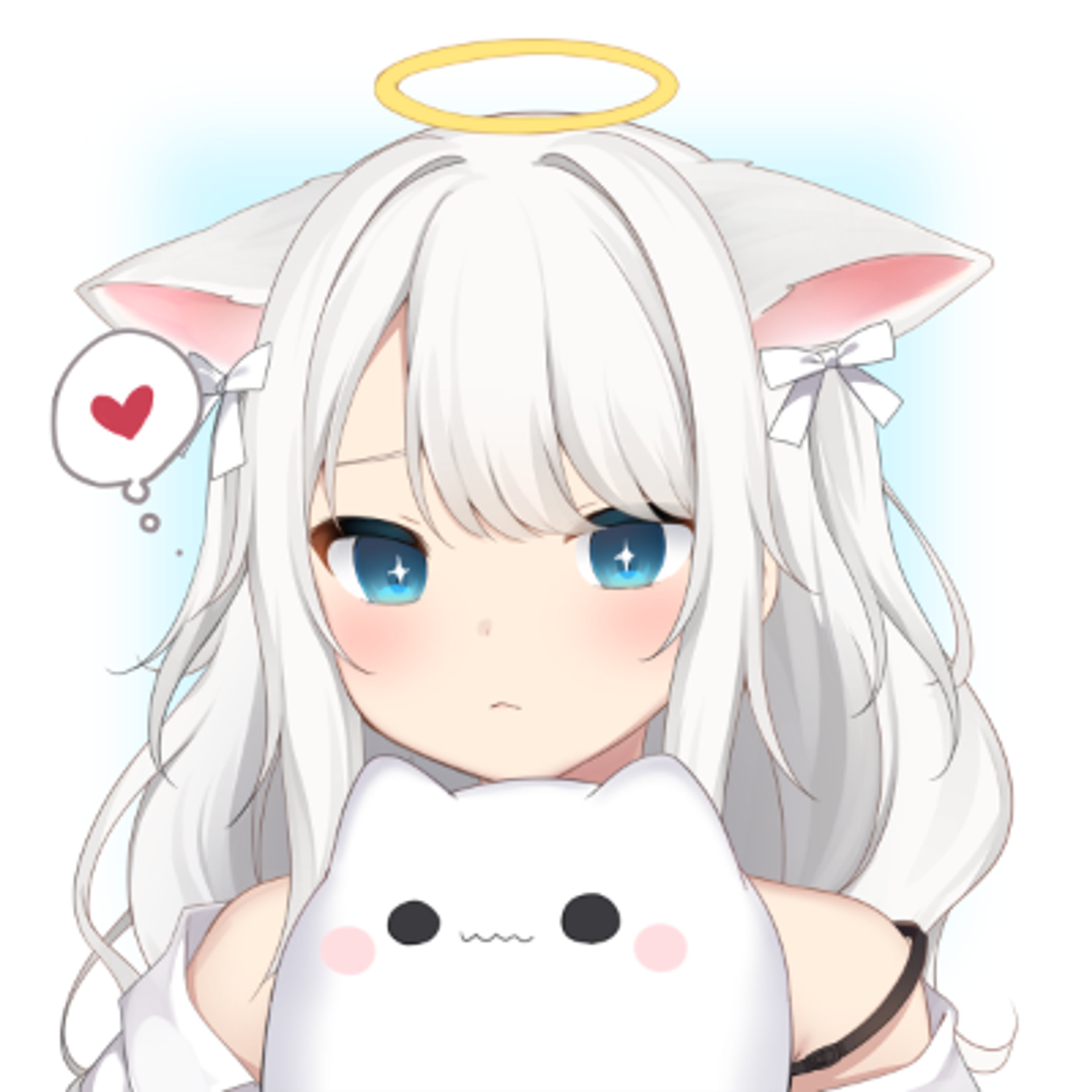 An anime-style character with white hair, blue eyes, and a halo-like accessory