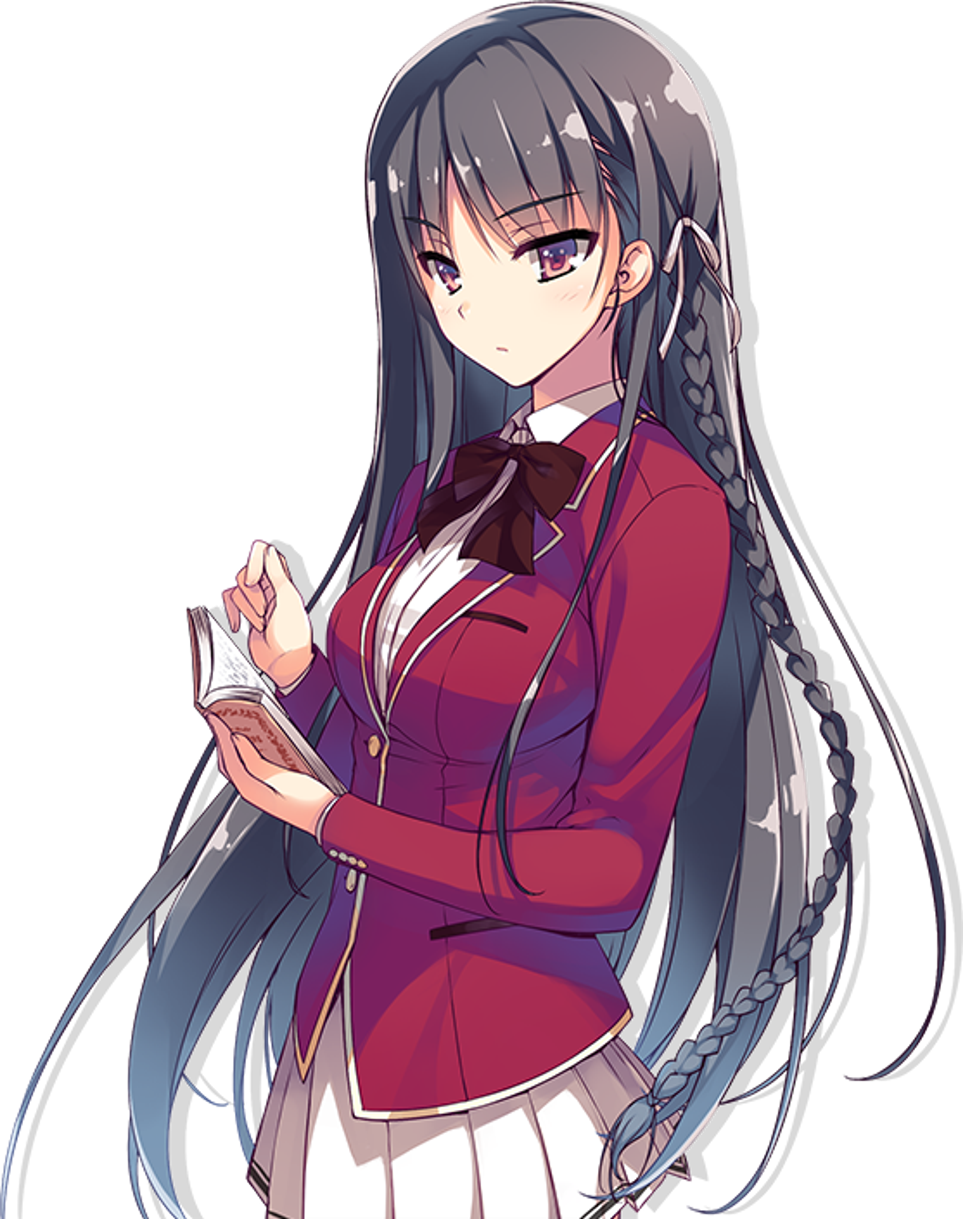 A young woman in a red school uniform with a serious expression