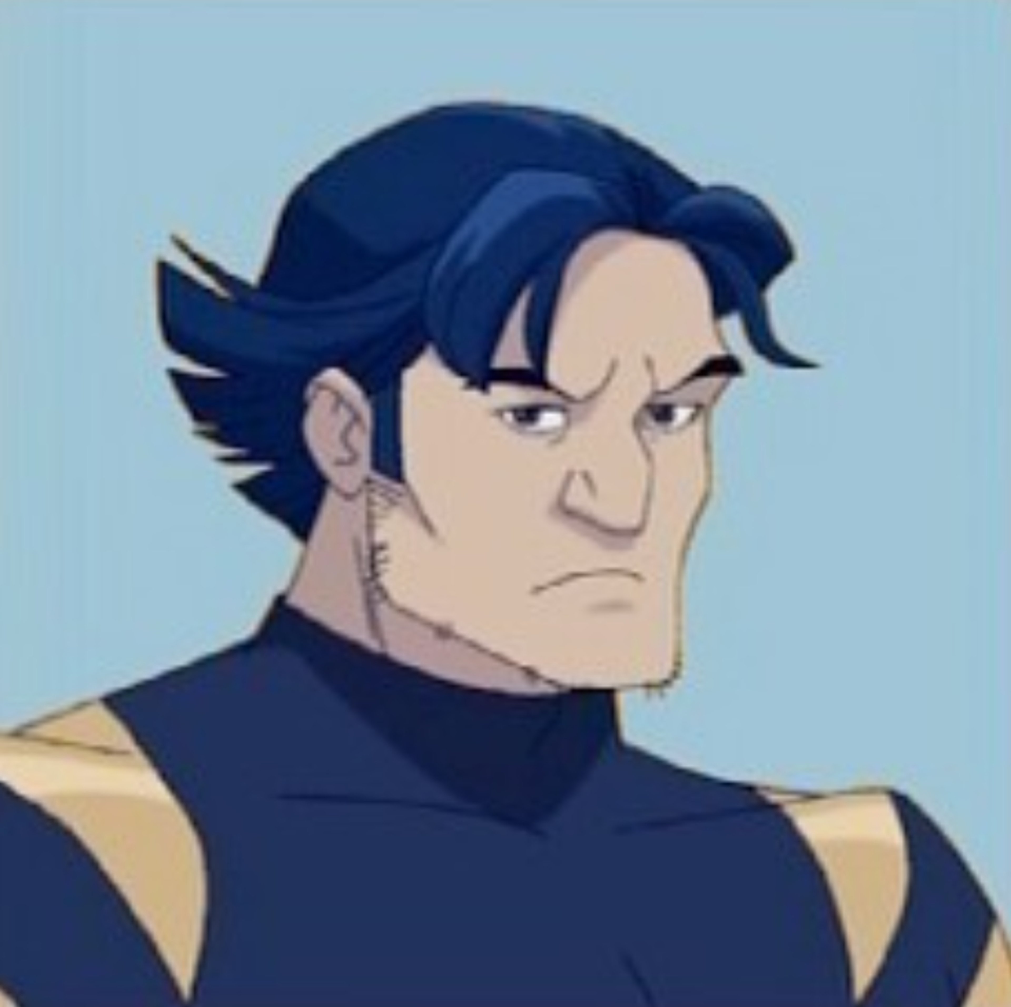 A gruff-looking male character with short dark hair and a stern expression, wearing a dark blue outfit.