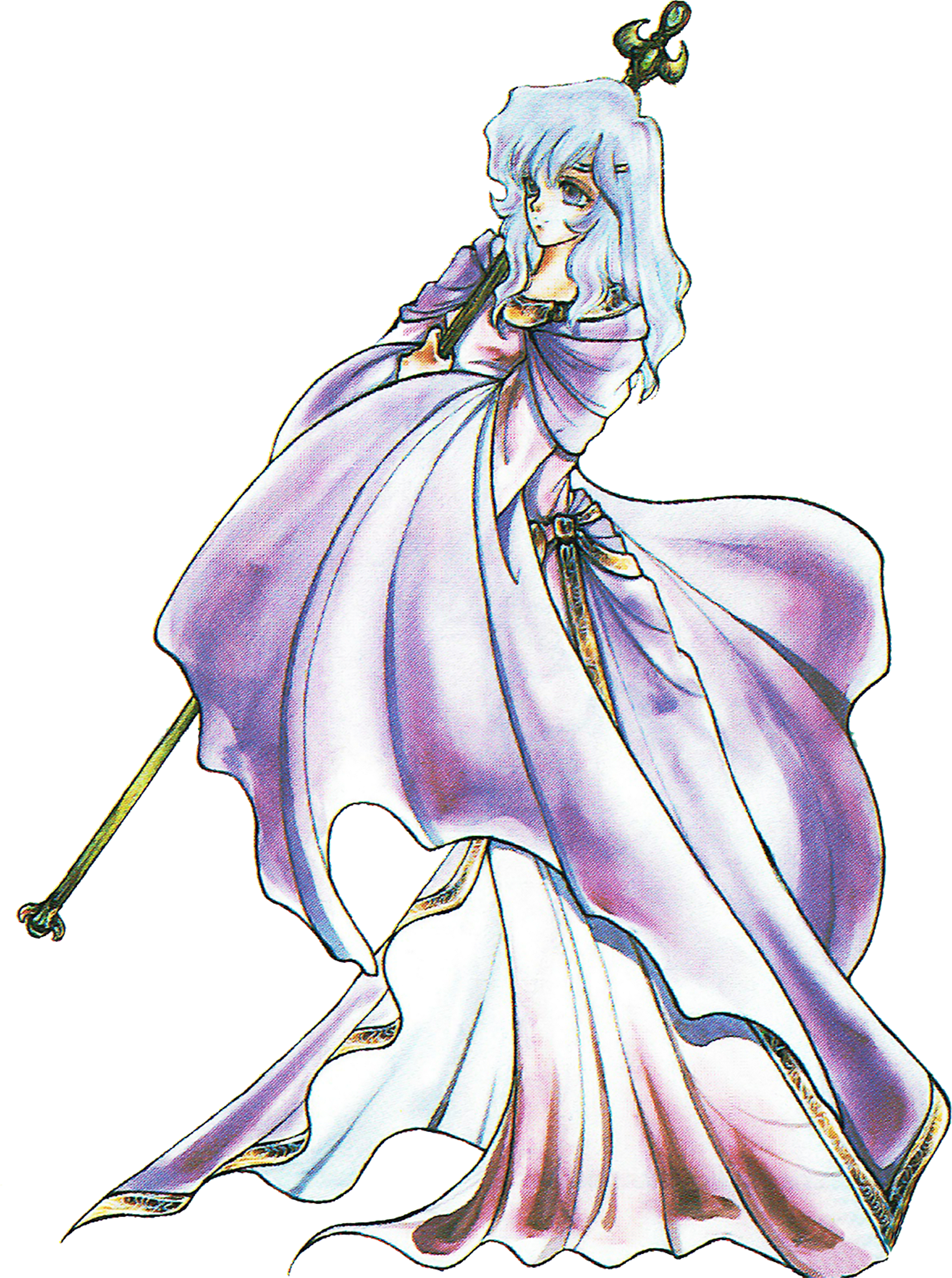 A young woman with blue hair wearing a purple dress and holding a staff or scepter