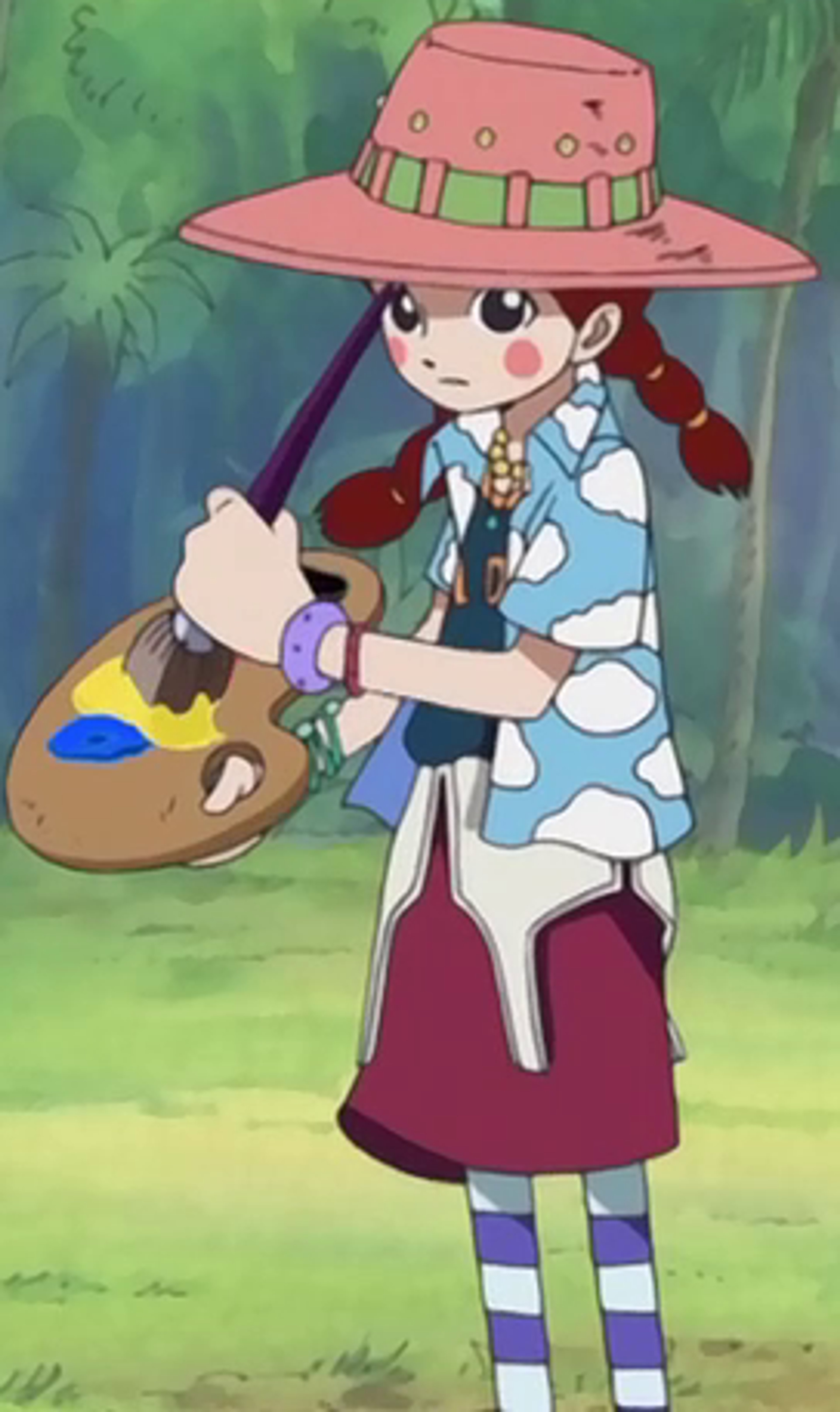 An anime-style female character with long dark hair, a pink hat, and a blue polka dot dress, holding a palette of paints and a paintbrush.
