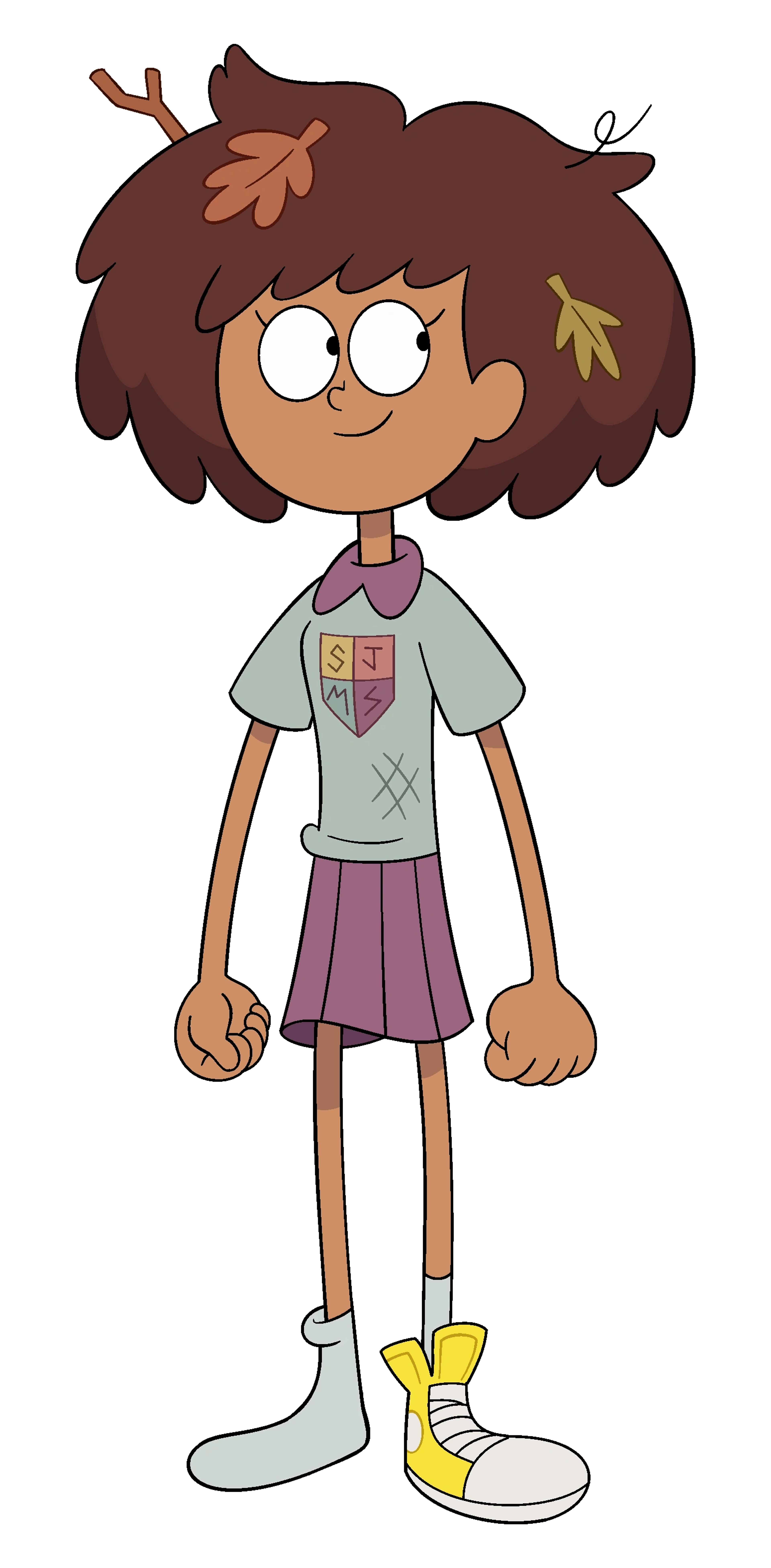 An animated cartoon character of a young girl with brown curly hair, wearing a pink skirt and a gray t-shirt with a star logo.