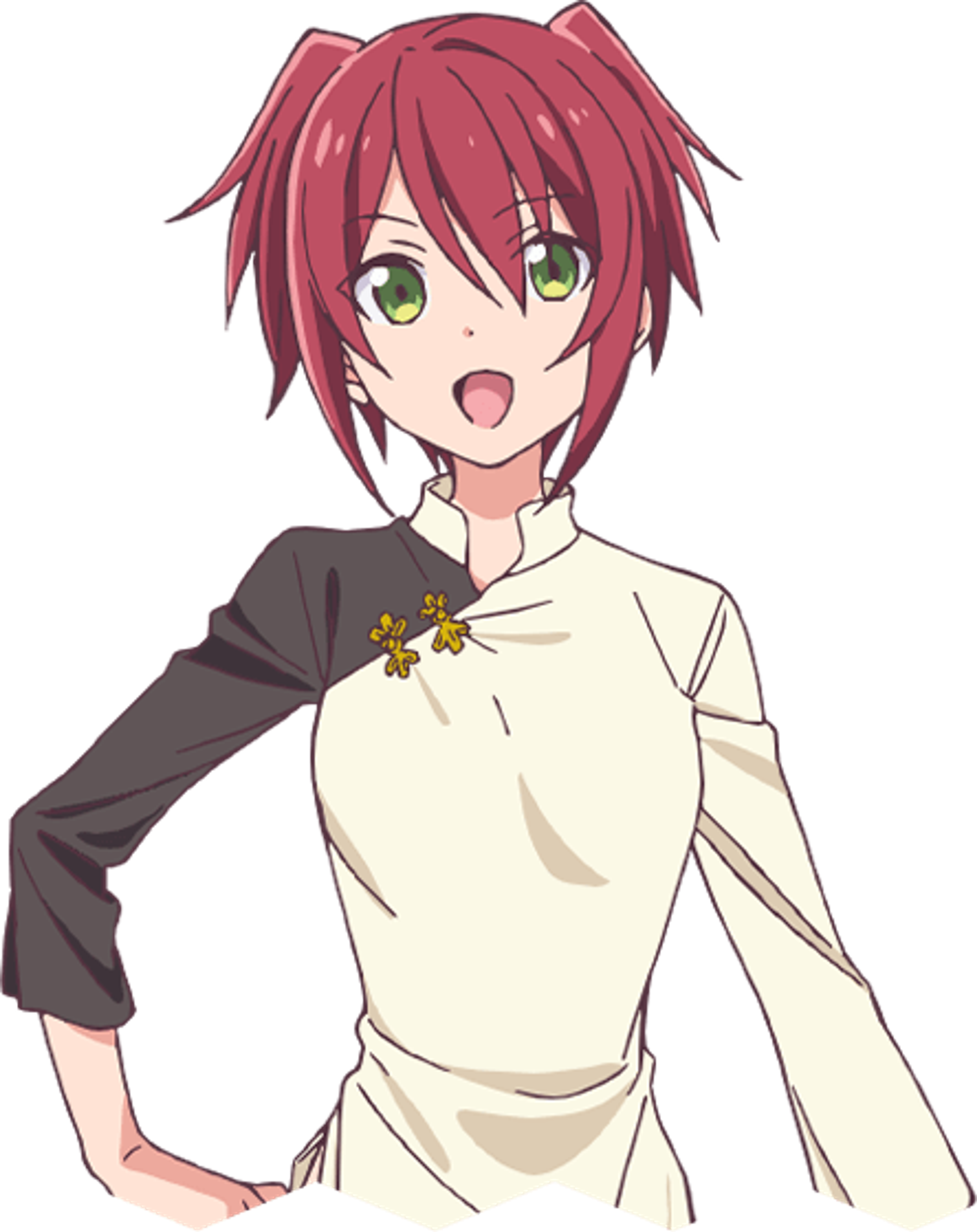 A young woman with red pigtails and a serious expression, wearing a white shirt.