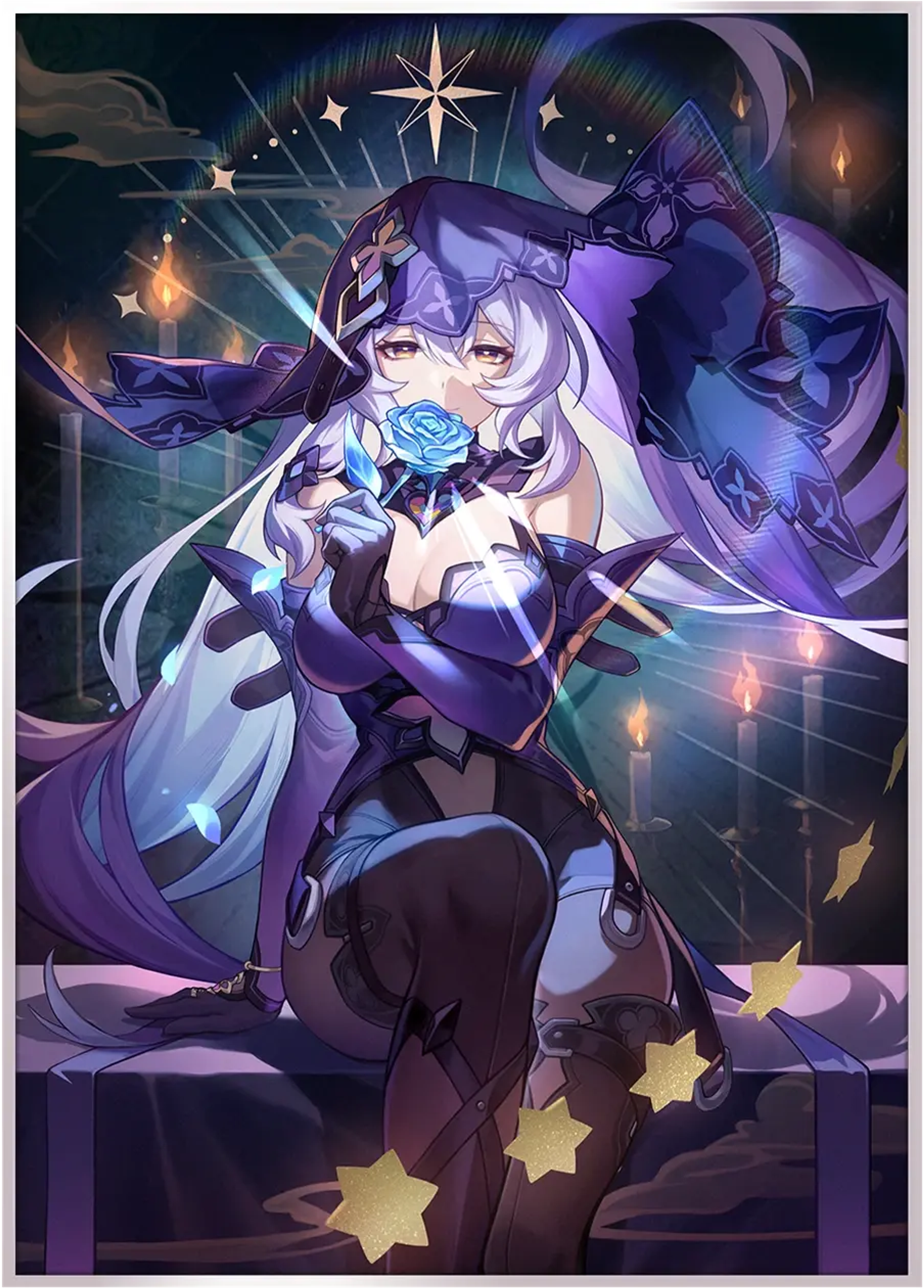 A female character with purple hair and a mysterious, ethereal appearance surrounded by a cosmic background.