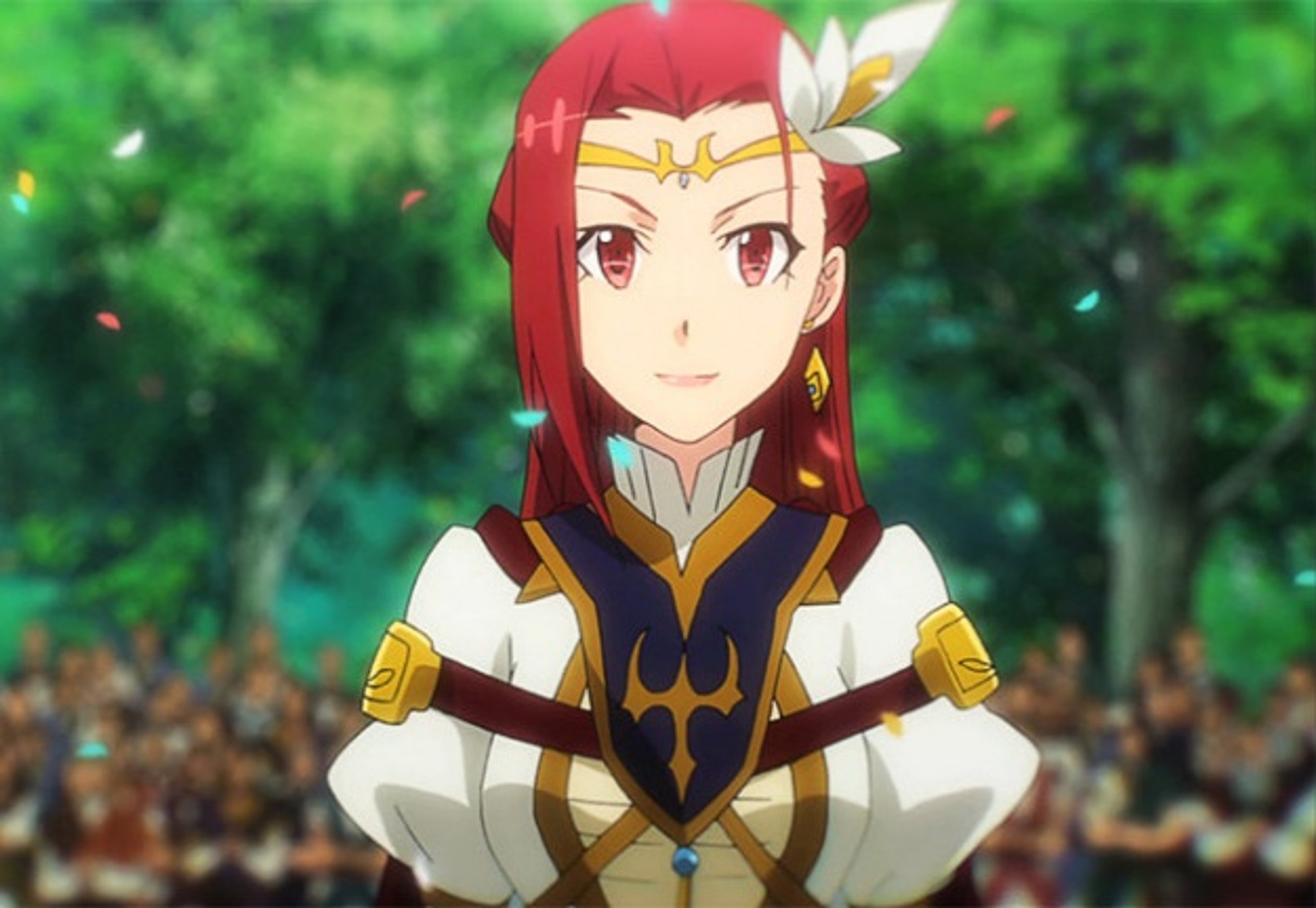 An anime-style character with long red hair in a military-style uniform, smiling