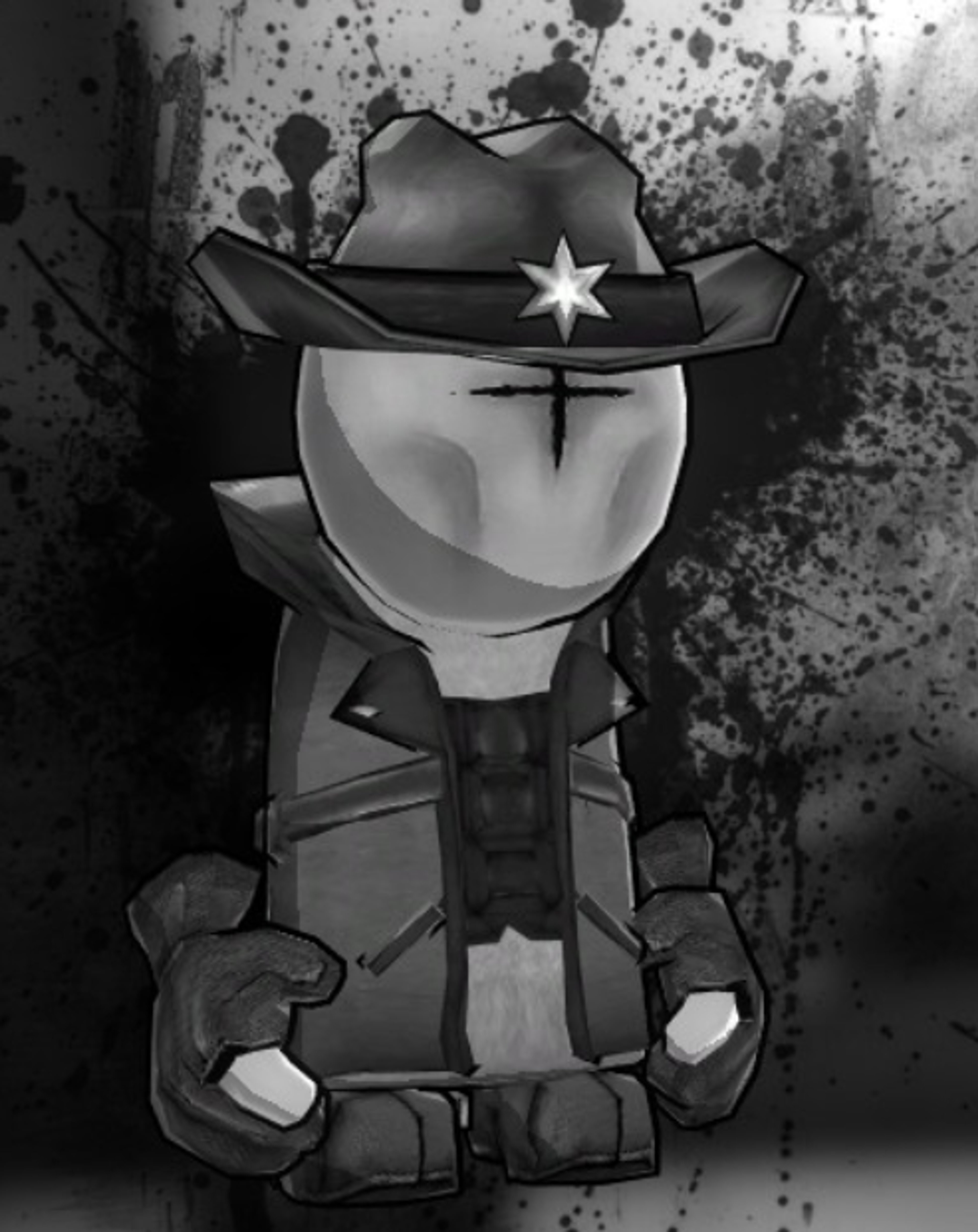 A cartoon character wearing a cowboy hat, gloves, and a leather coat with a vest, holding a firearm.