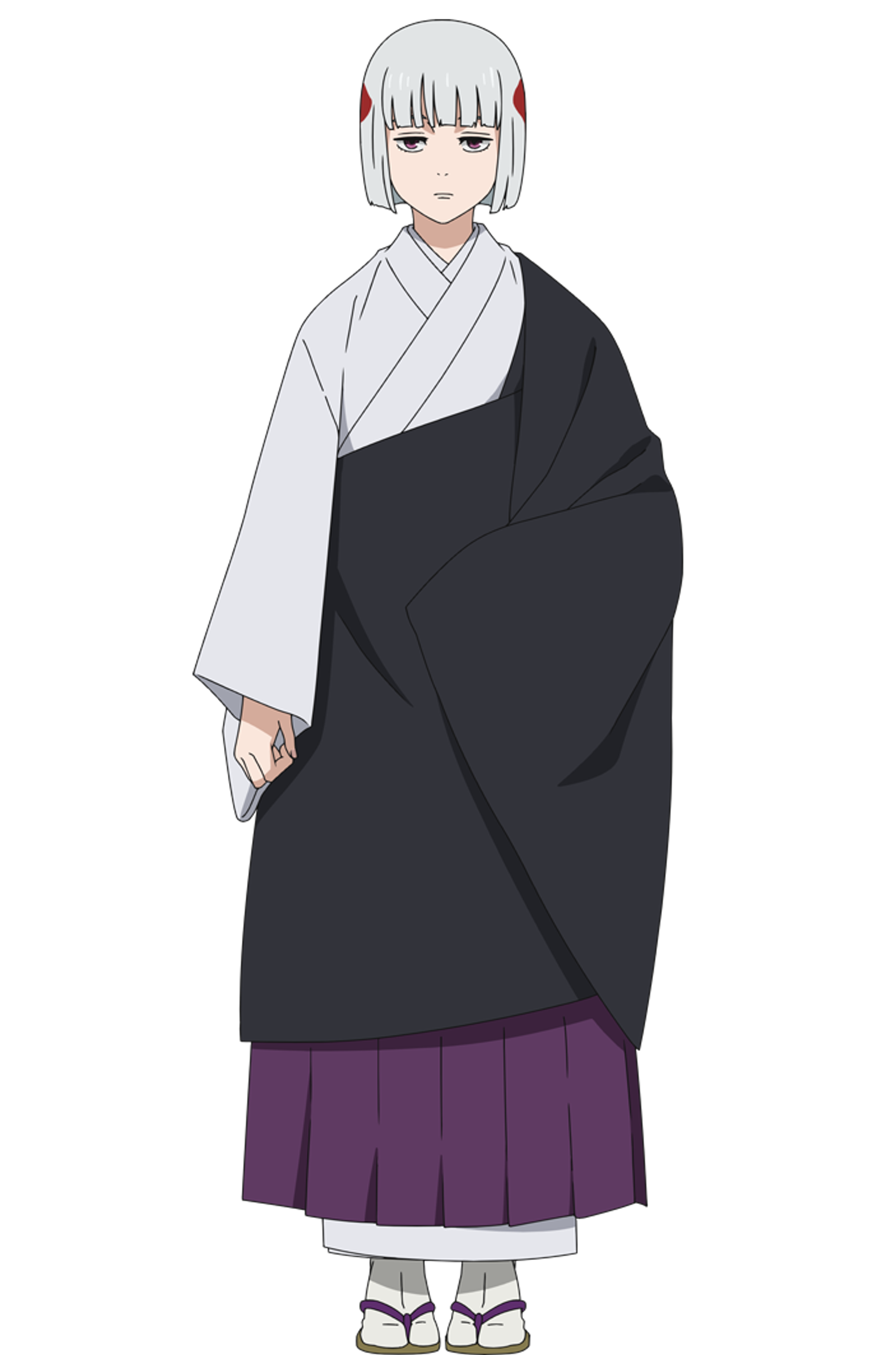 An androgynous character with white hair and a dark pink stripe, wearing a blue monk's robe.