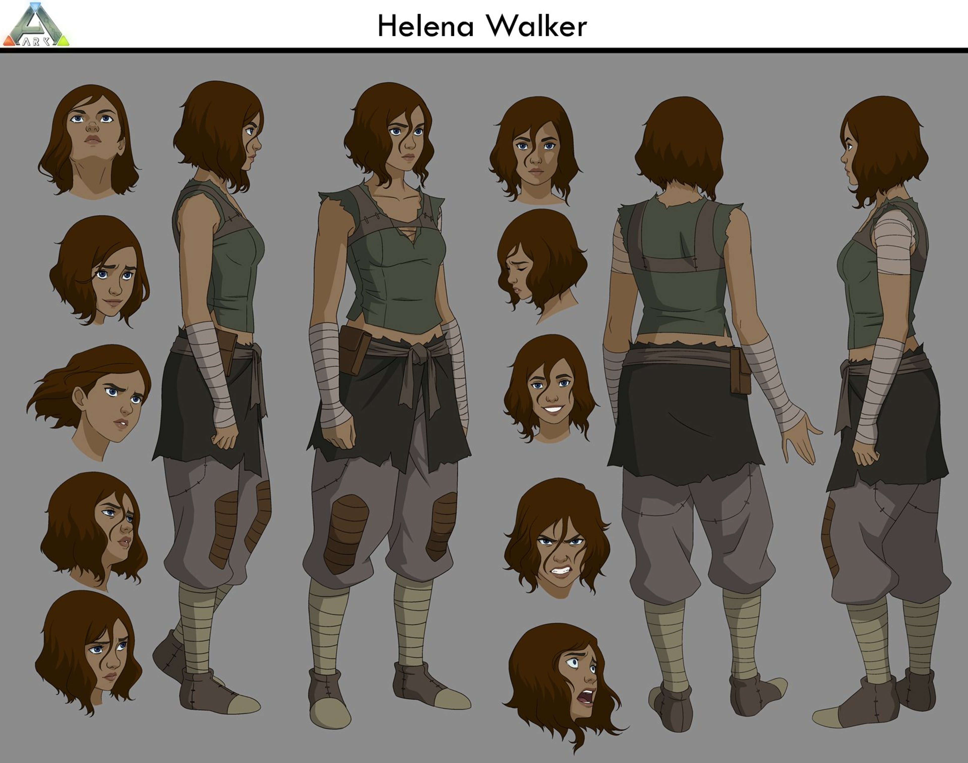 A detailed character design for a young woman named Helena Walker, with long dark hair and wearing a green tank top and gray cargo pants.