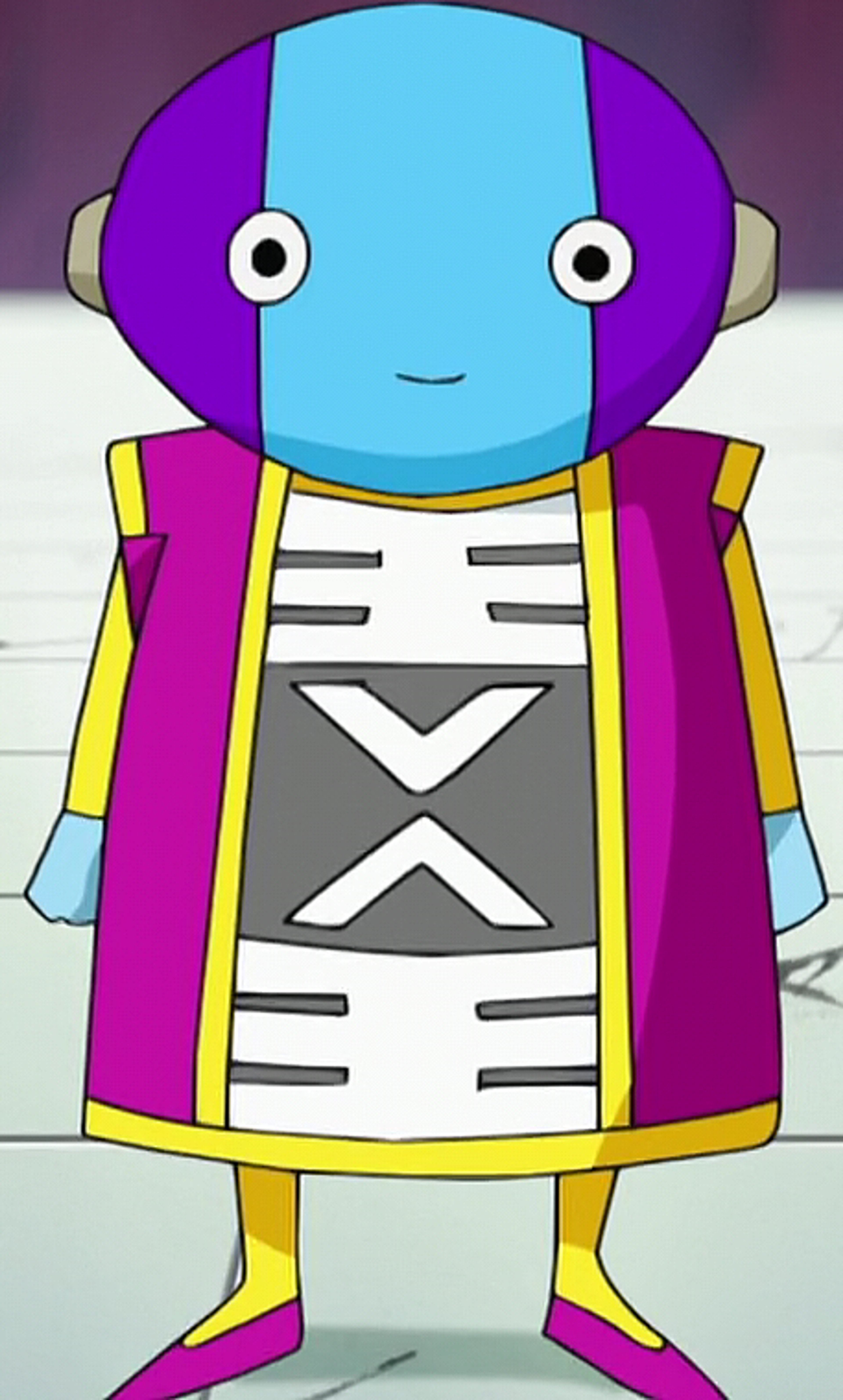 A friendly, cartoon-like humanoid character with blue and purple skin, large eyes, and an X-shaped symbol on their chest.