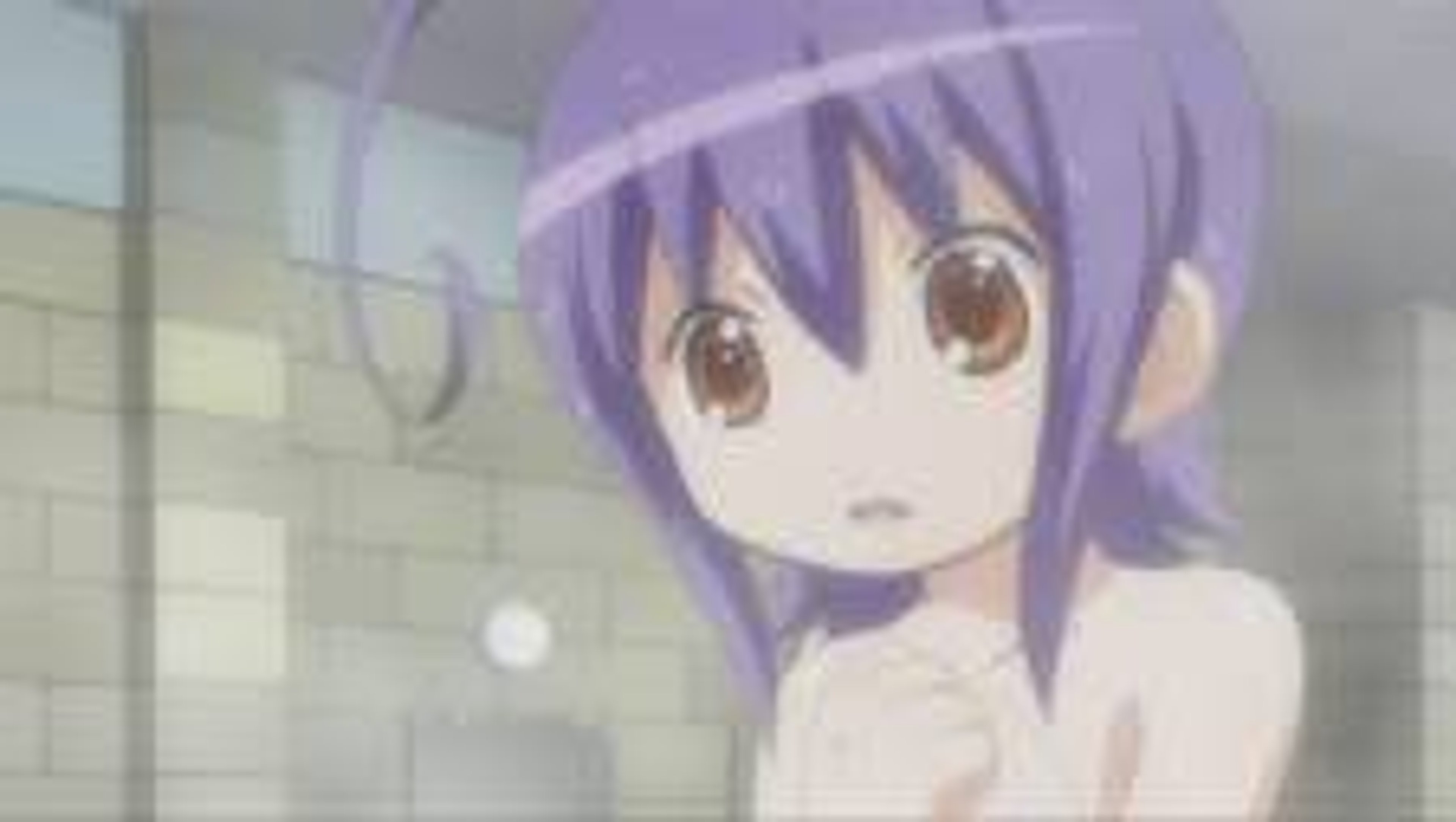 An anime-style character with purple hair wearing a school uniform