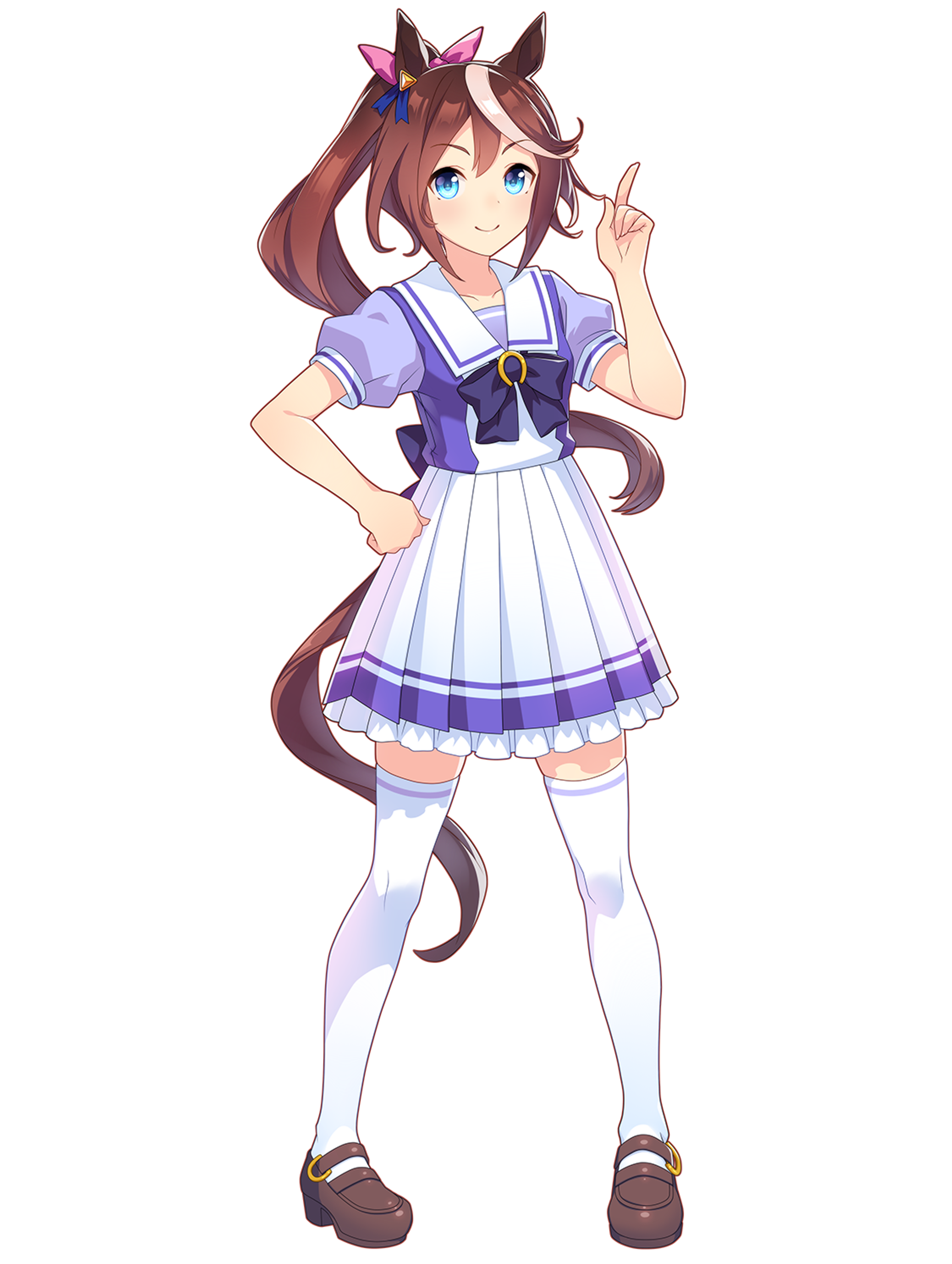 An anime-style character with long brown hair in a ponytail, wearing a purple and white school uniform-style outfit.