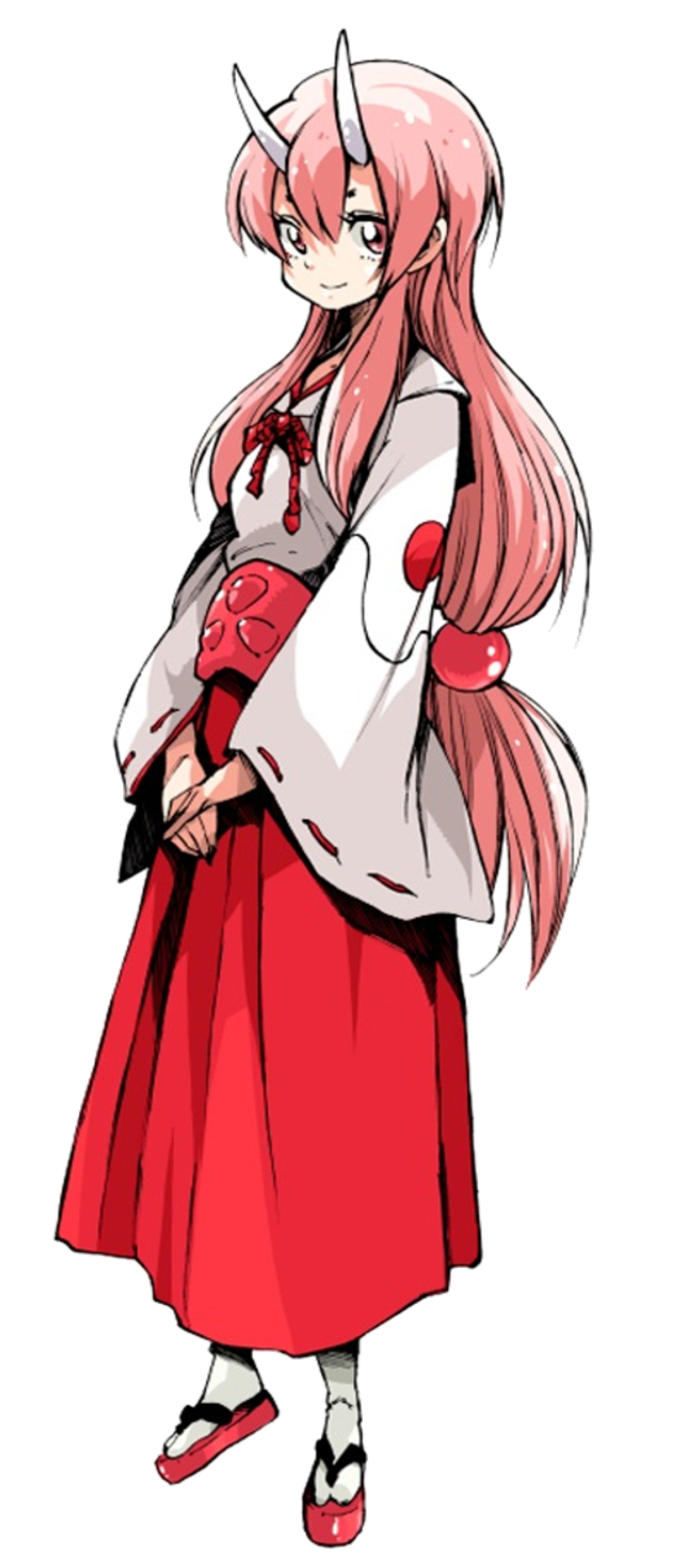 An anime-style character with pink hair and red eyes wearing a white and red outfit