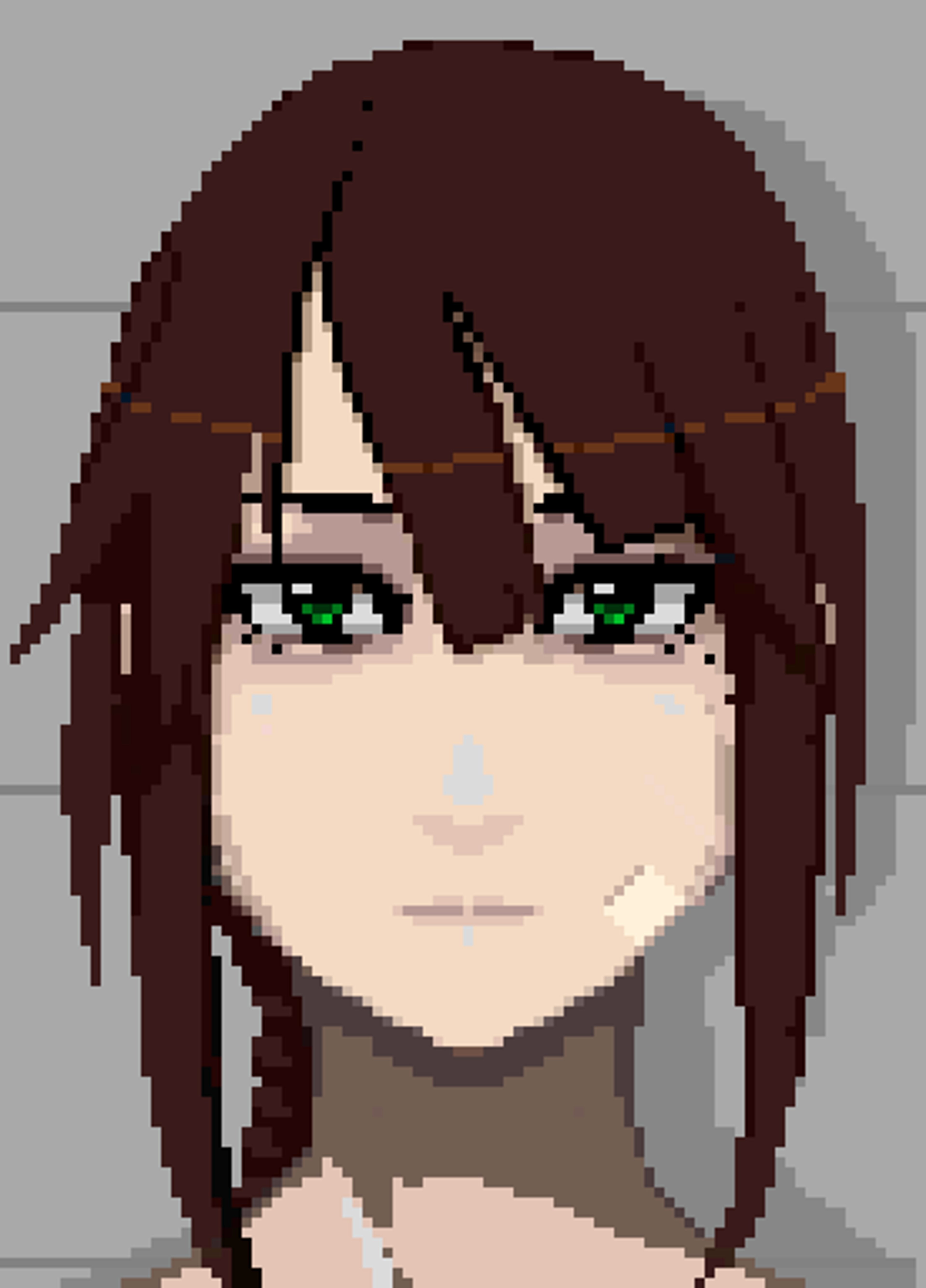 A detailed pixel art portrait of a young woman with long dark hair and green eyes.