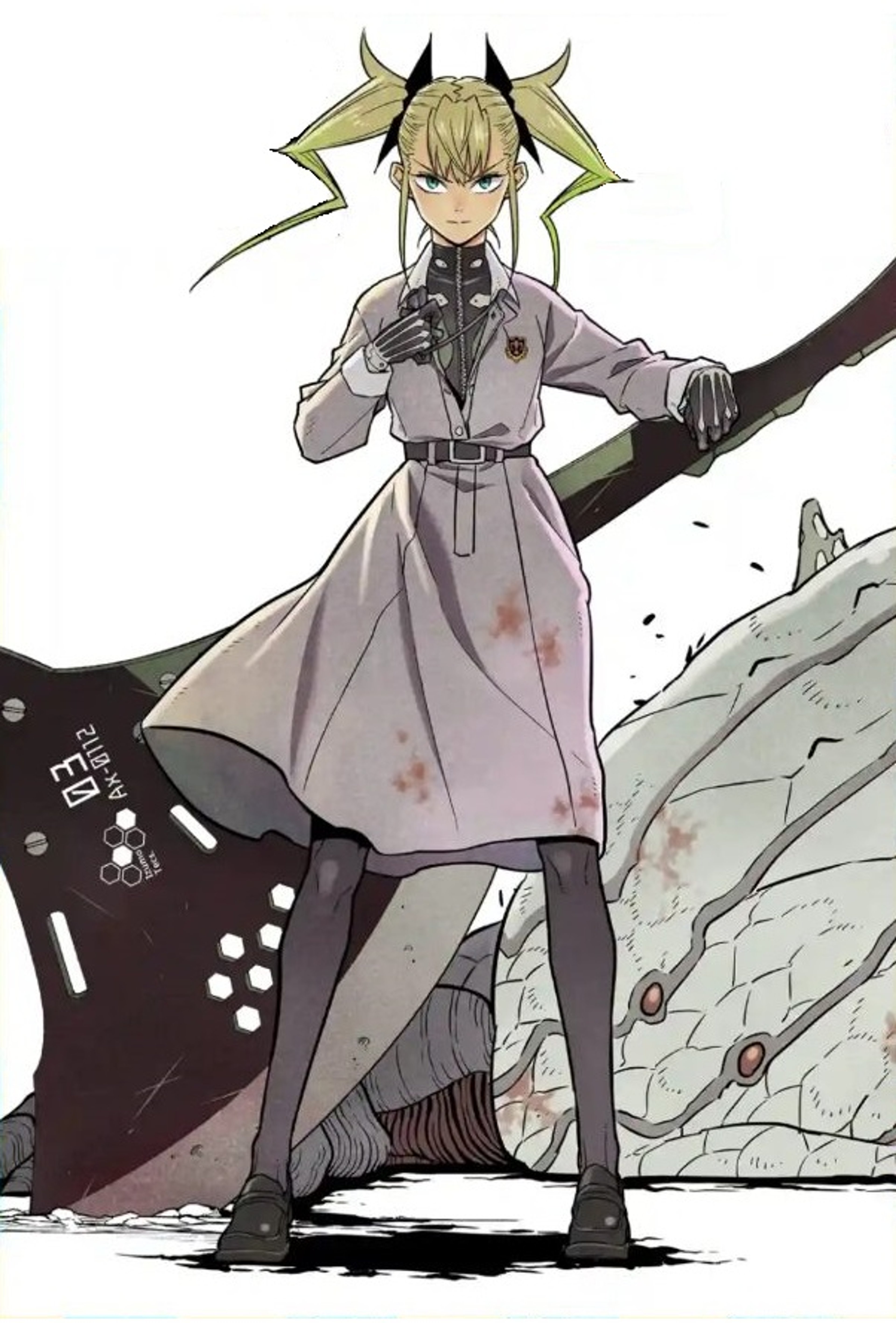 A young woman in a military uniform holding a battle axe in a rocky, mountainous landscape