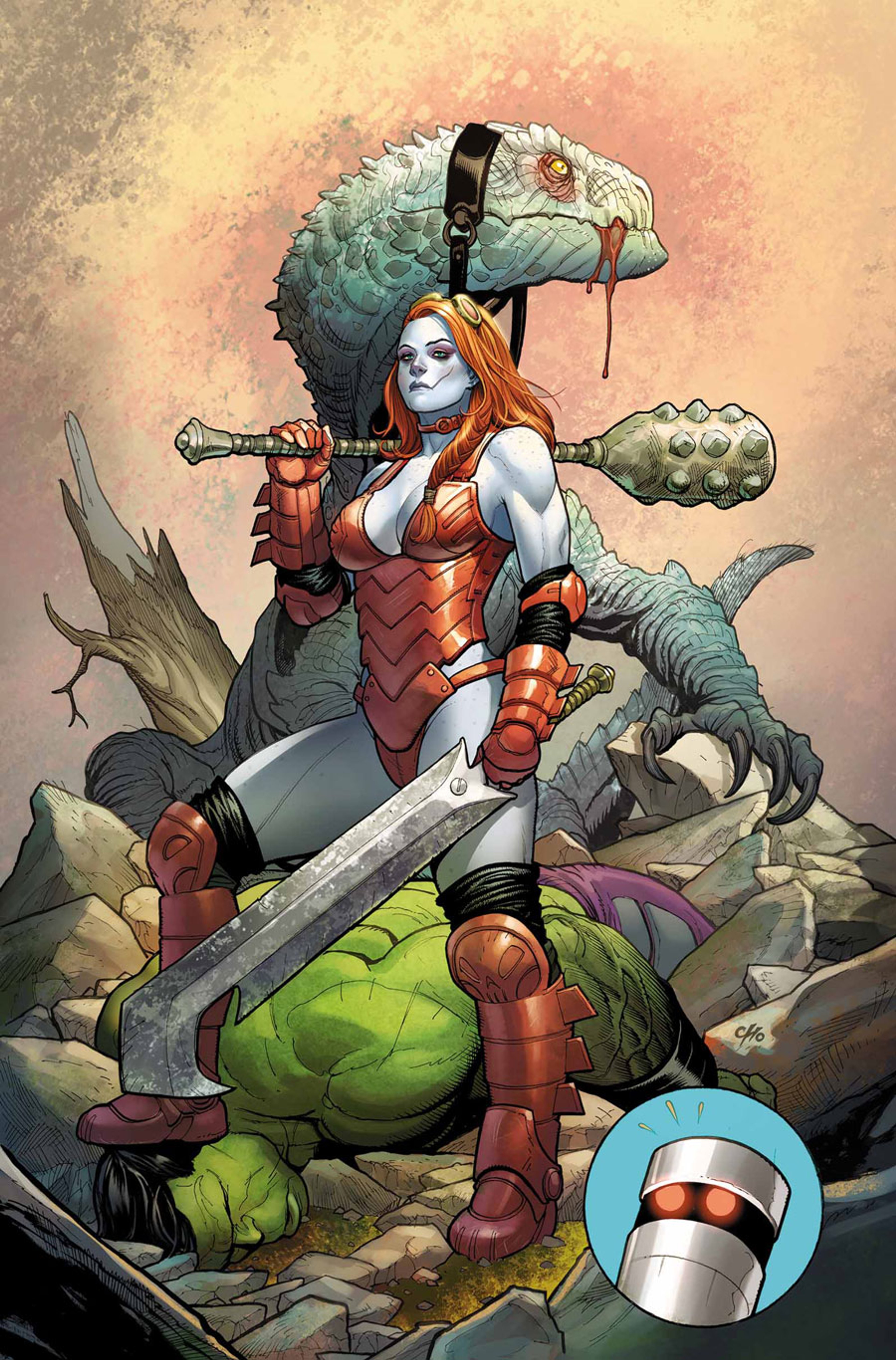 A powerful female warrior character with red hair and a scar on her face, standing in an alien landscape and holding a large weapon.