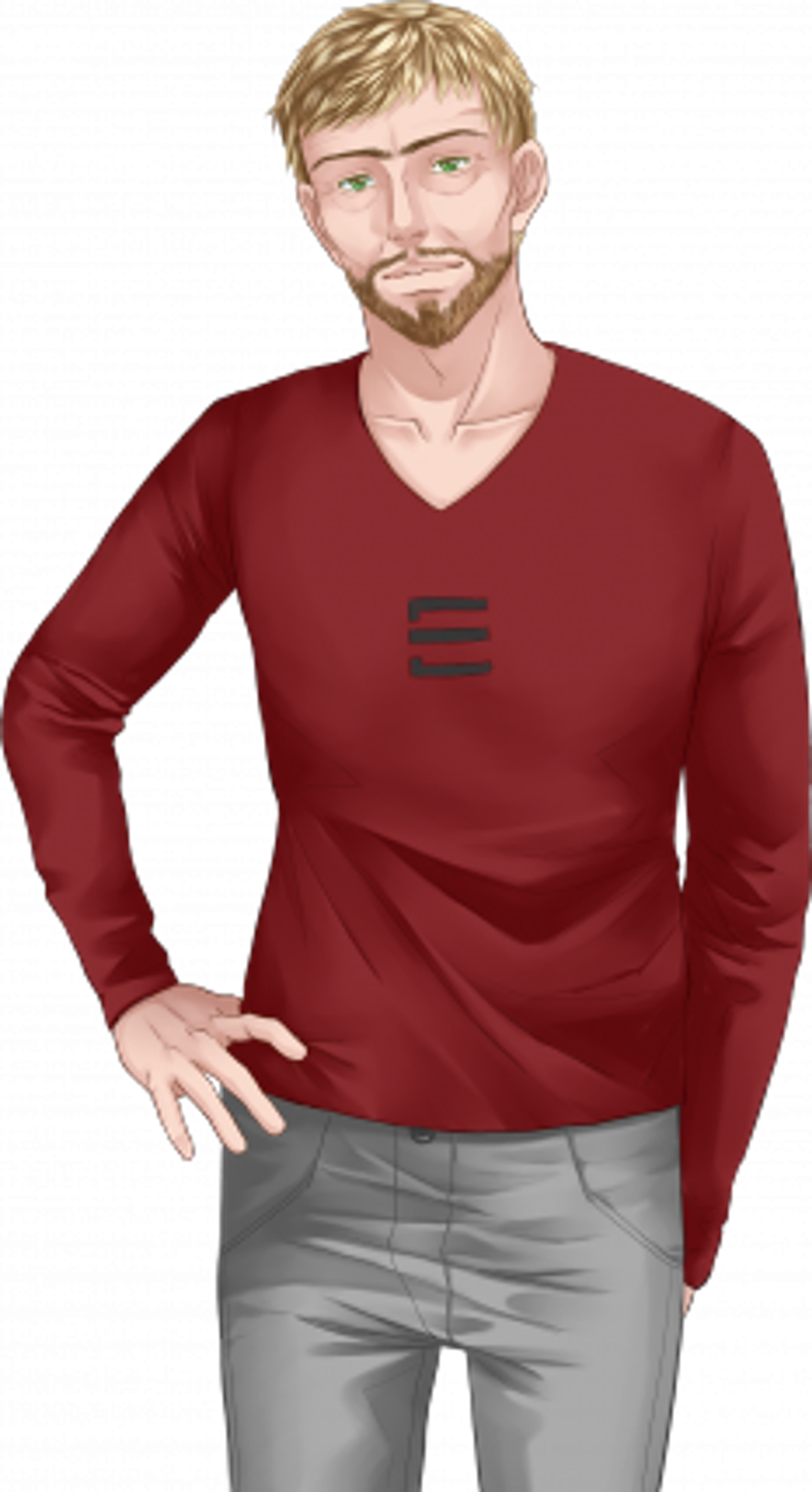 A man with blonde hair and a beard wearing a red sweater