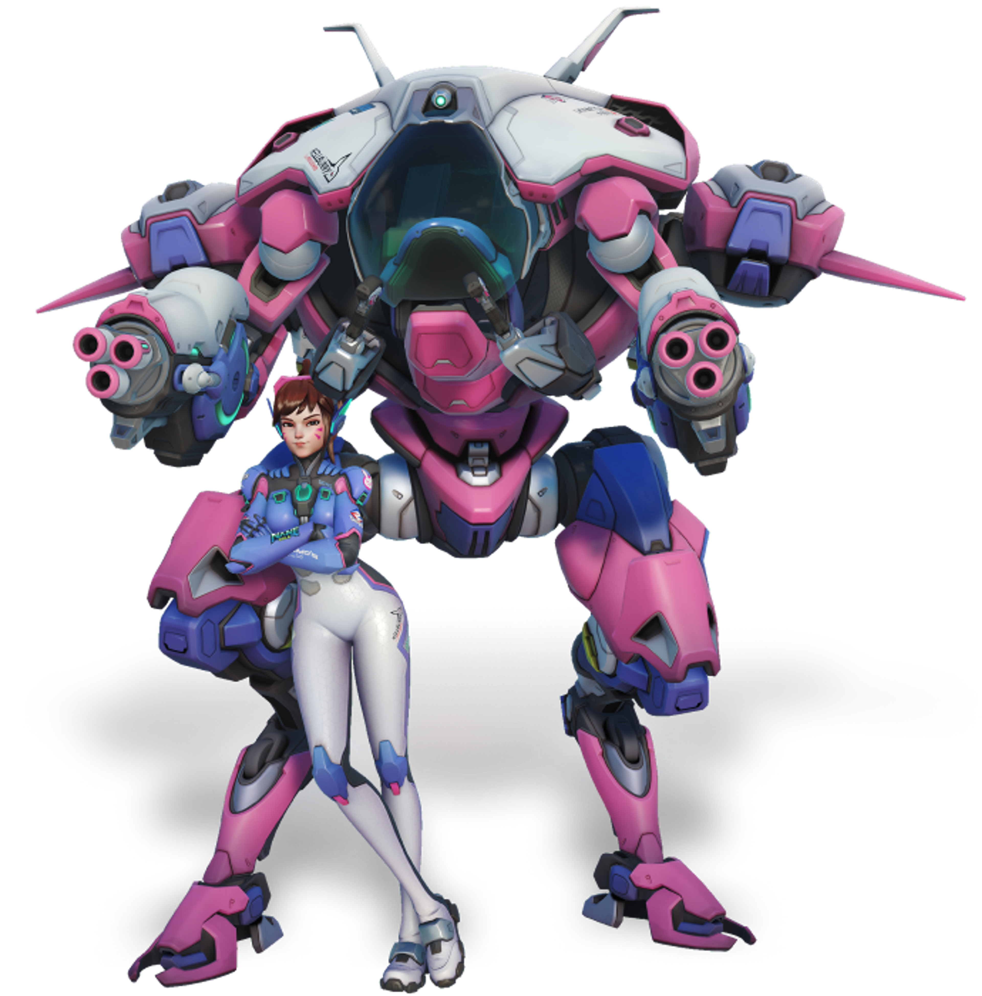 A female character named D.Va in a pink and white mech suit