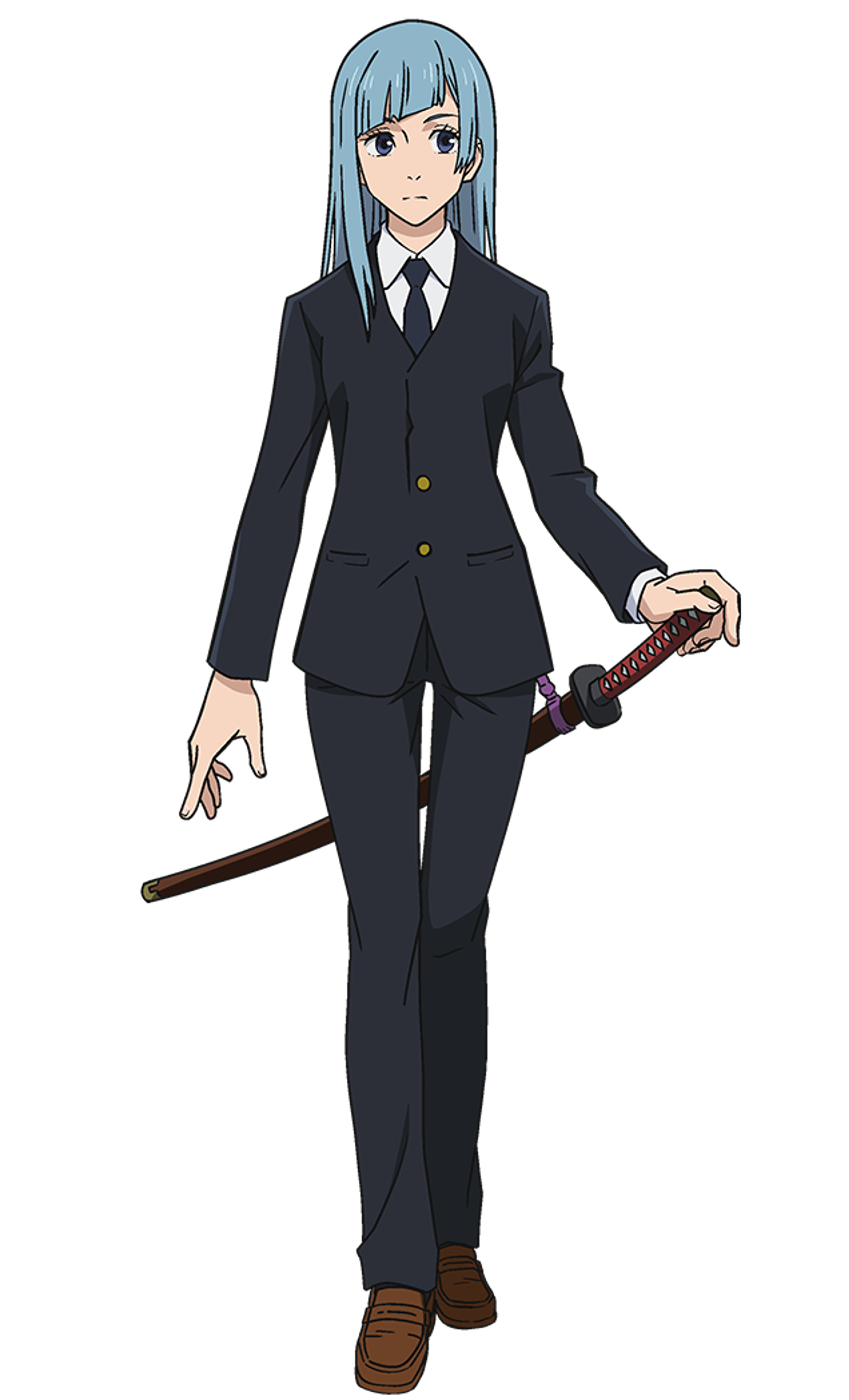 A young woman with blue hair and eyes wearing a black suit and holding a katana sword.