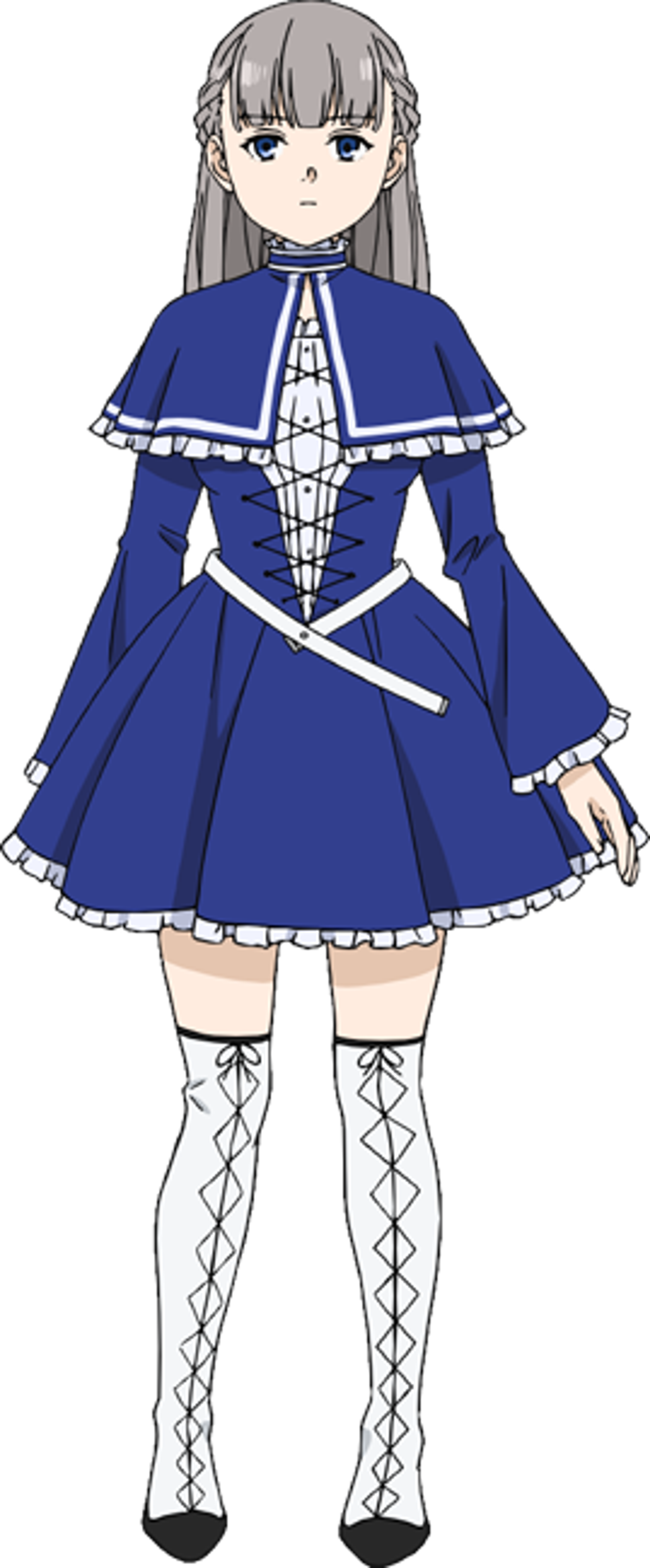 A young woman with gray hair and blue eyes wearing a blue dress with white frills and lace details.