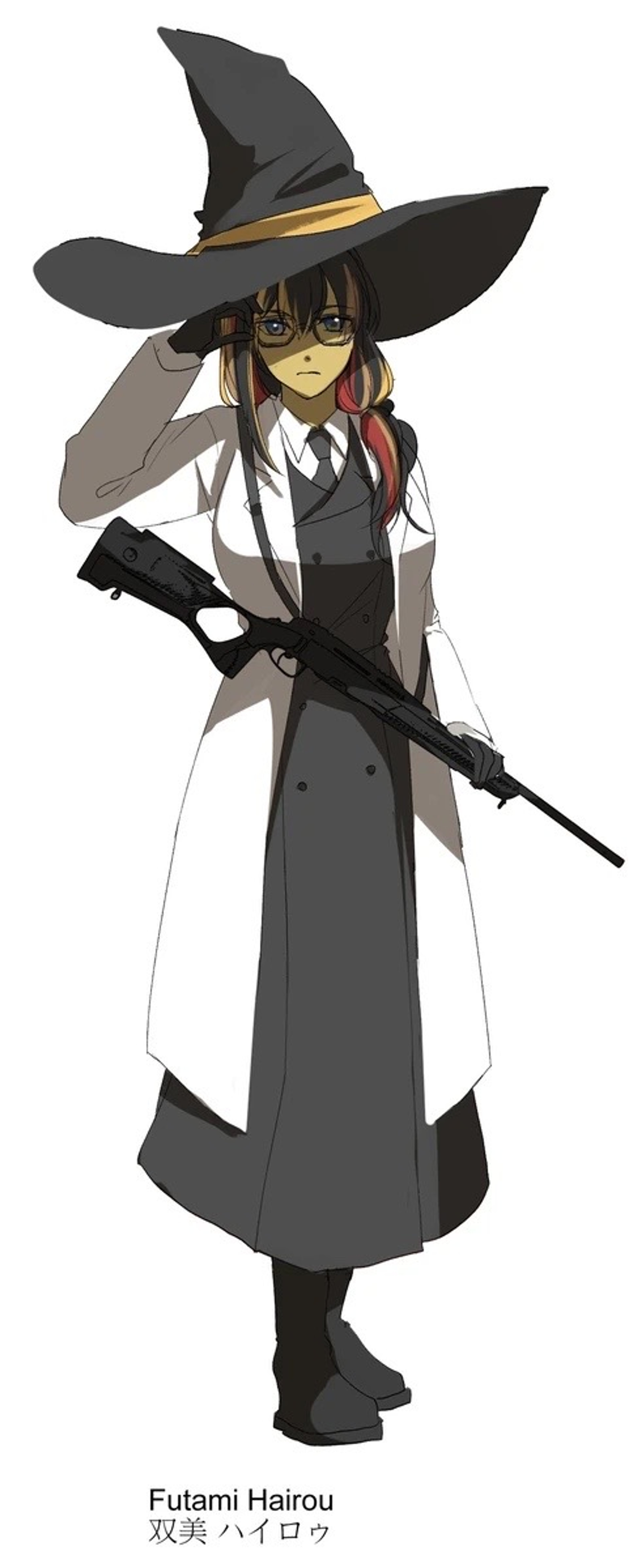 A young woman in a black hat, white shirt, and gray coat holding a large gun
