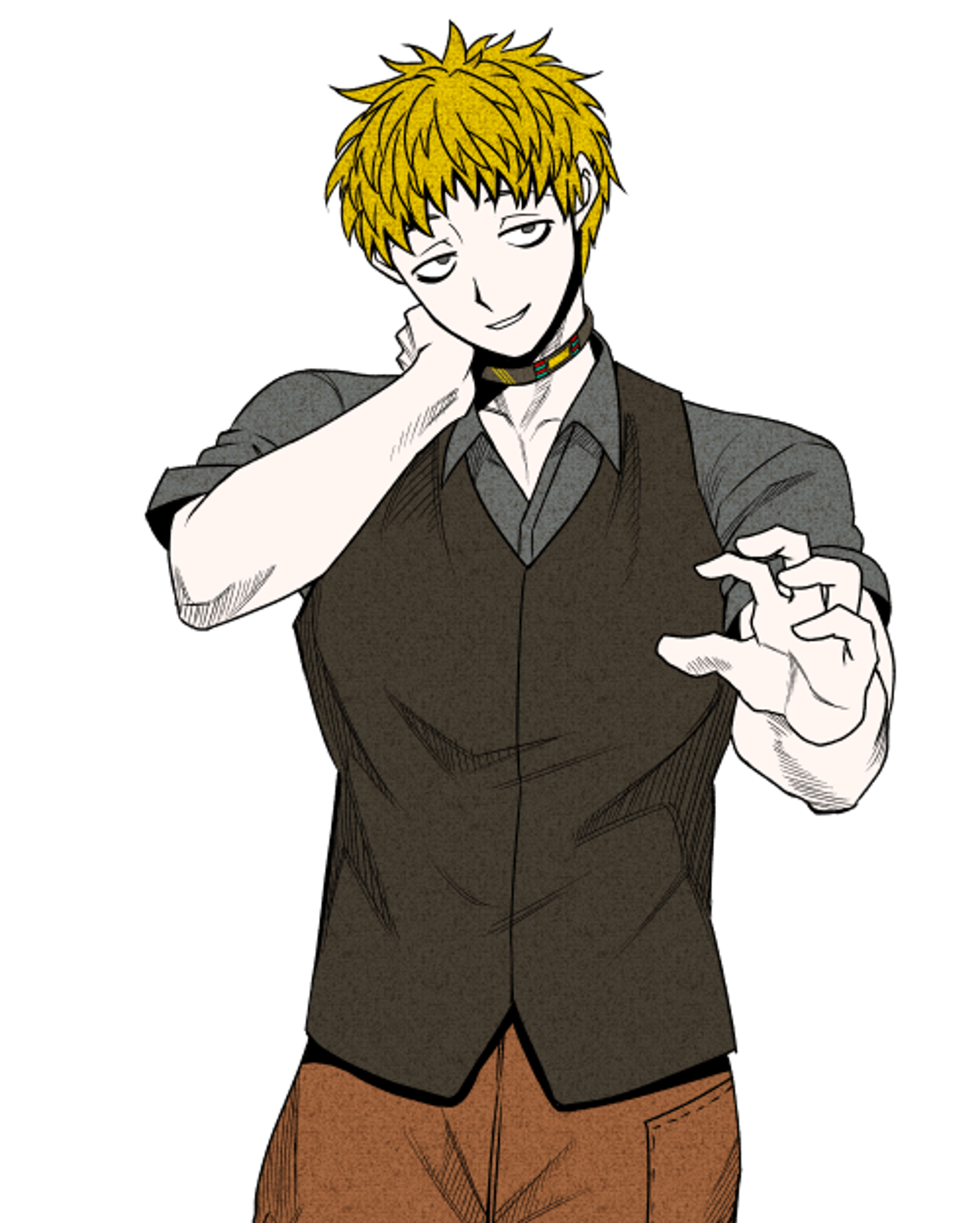 A young man with blond, spiky hair wearing a brown suit jacket