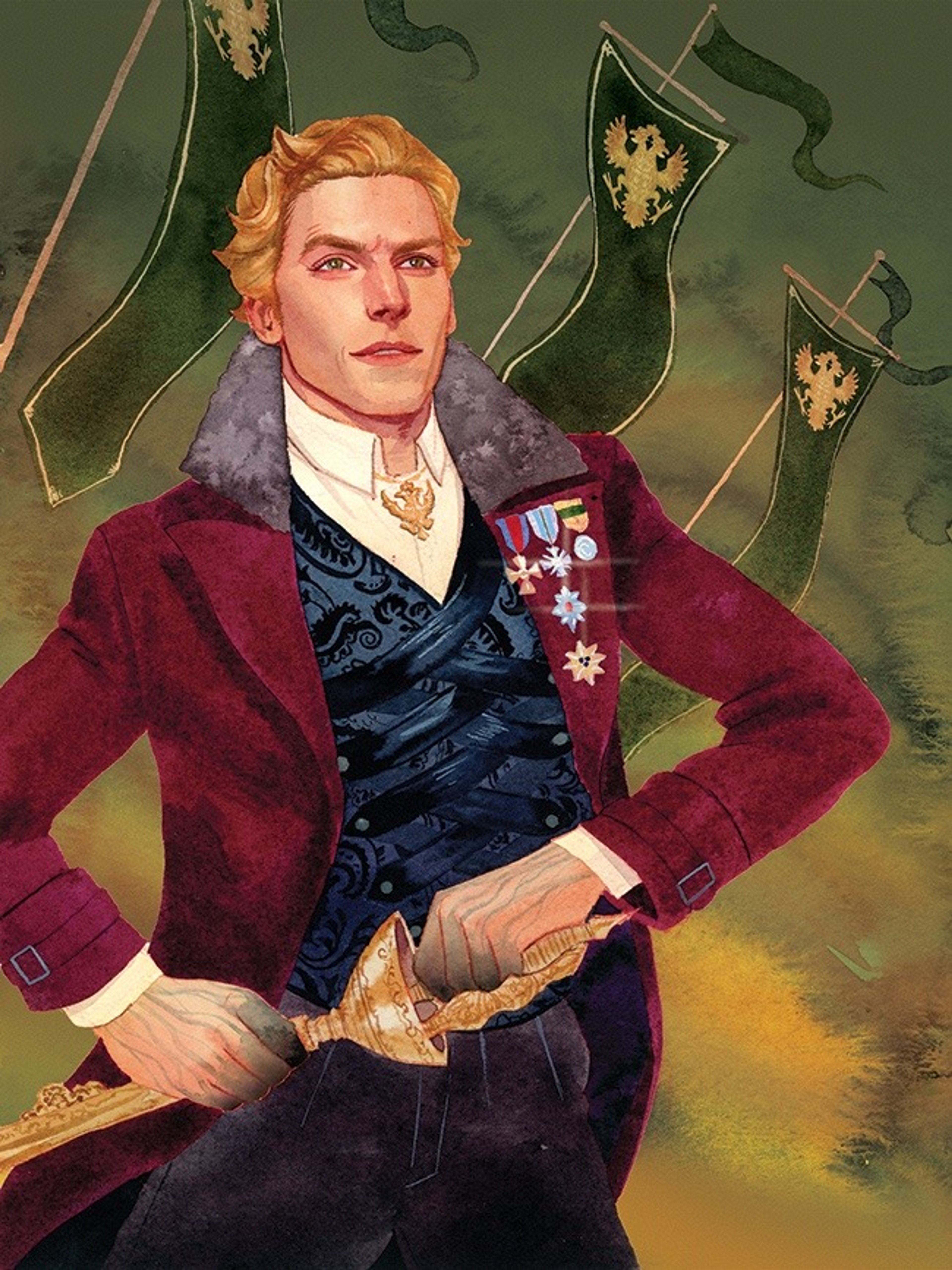 A well-dressed, blond-haired man with a confident, regal expression