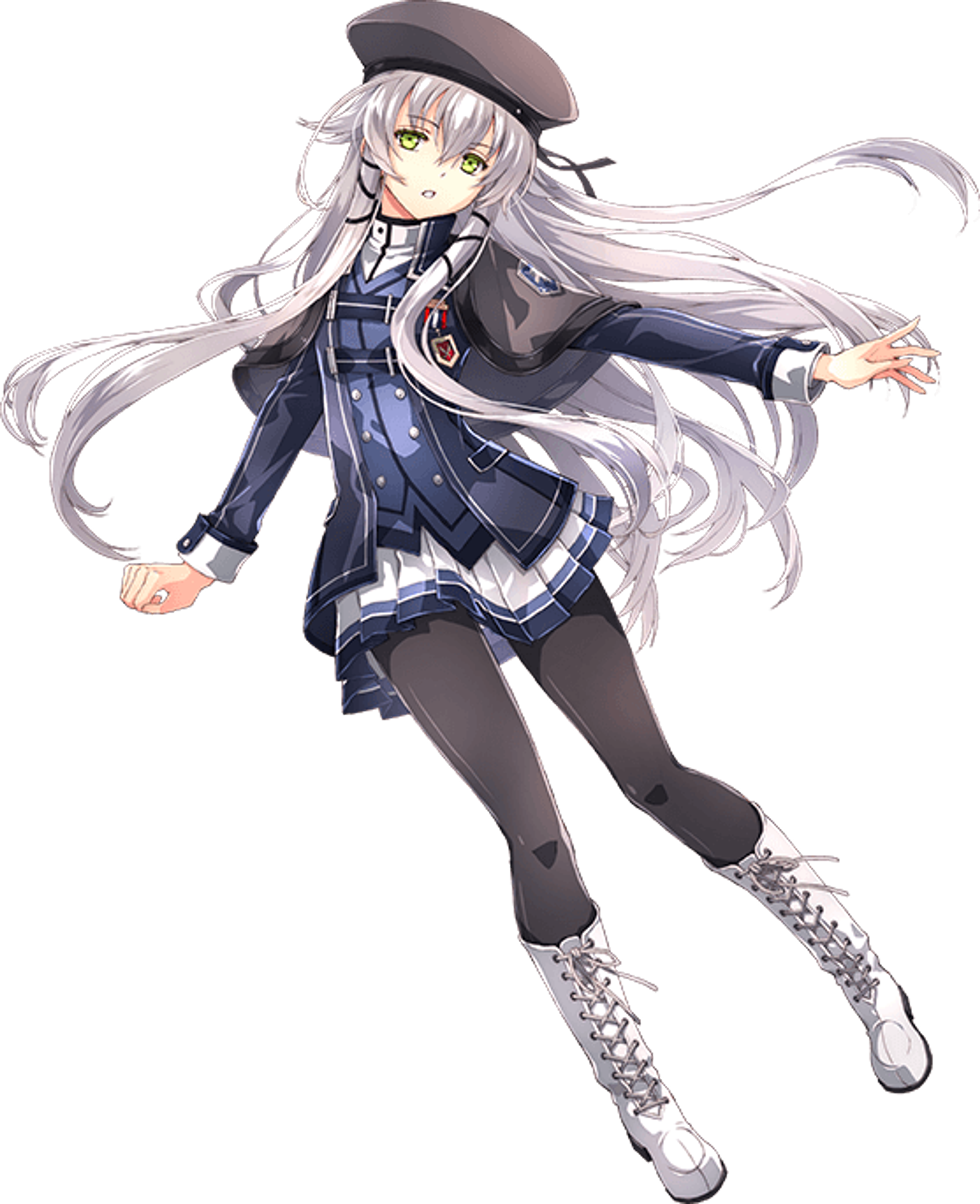 An anime-style character with silver hair and a black hat, wearing a dark blue military uniform.