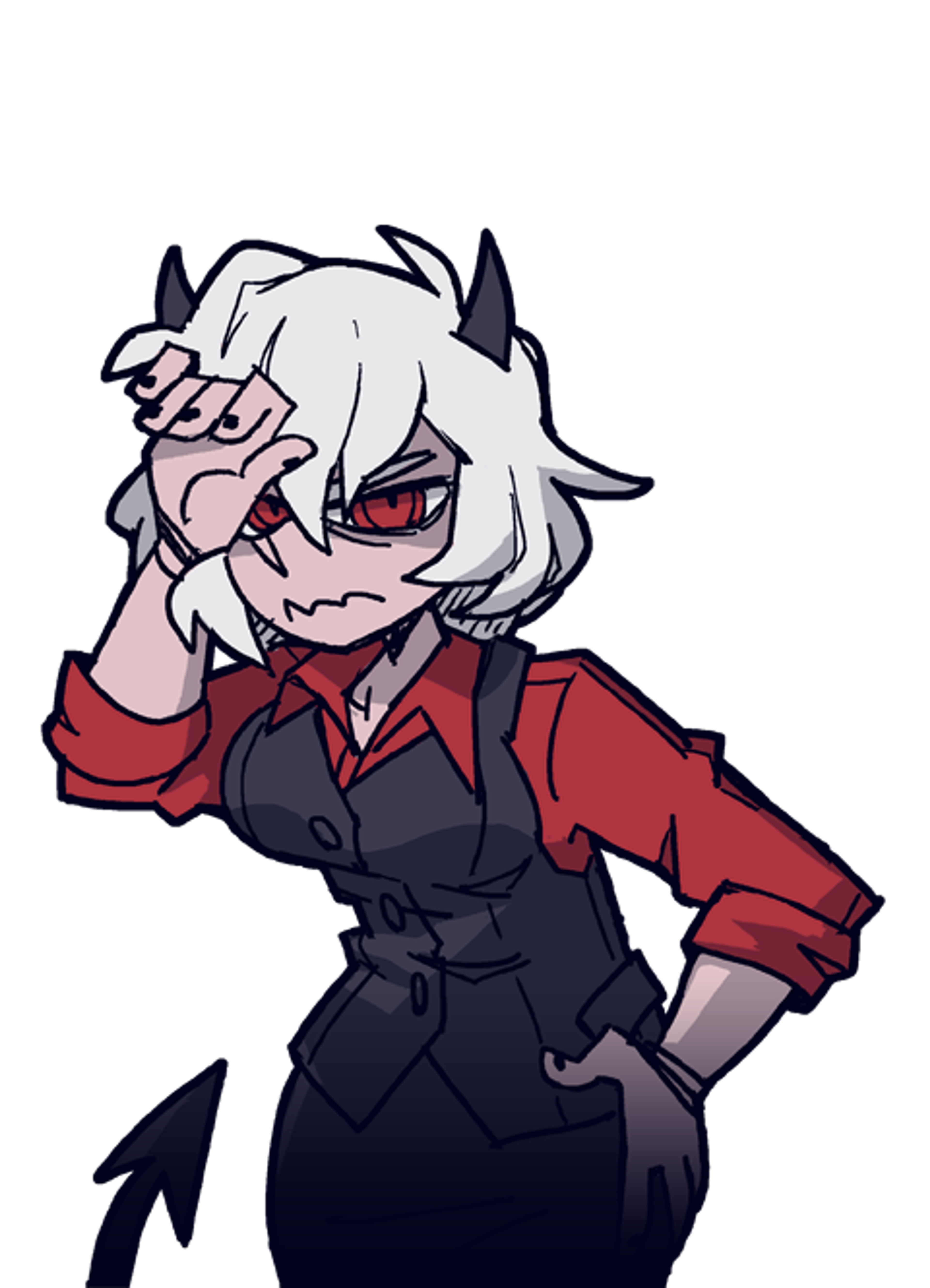 An anime-style character with white hair, horns, and a grumpy expression, wearing a red shirt, black vest, and skirt.