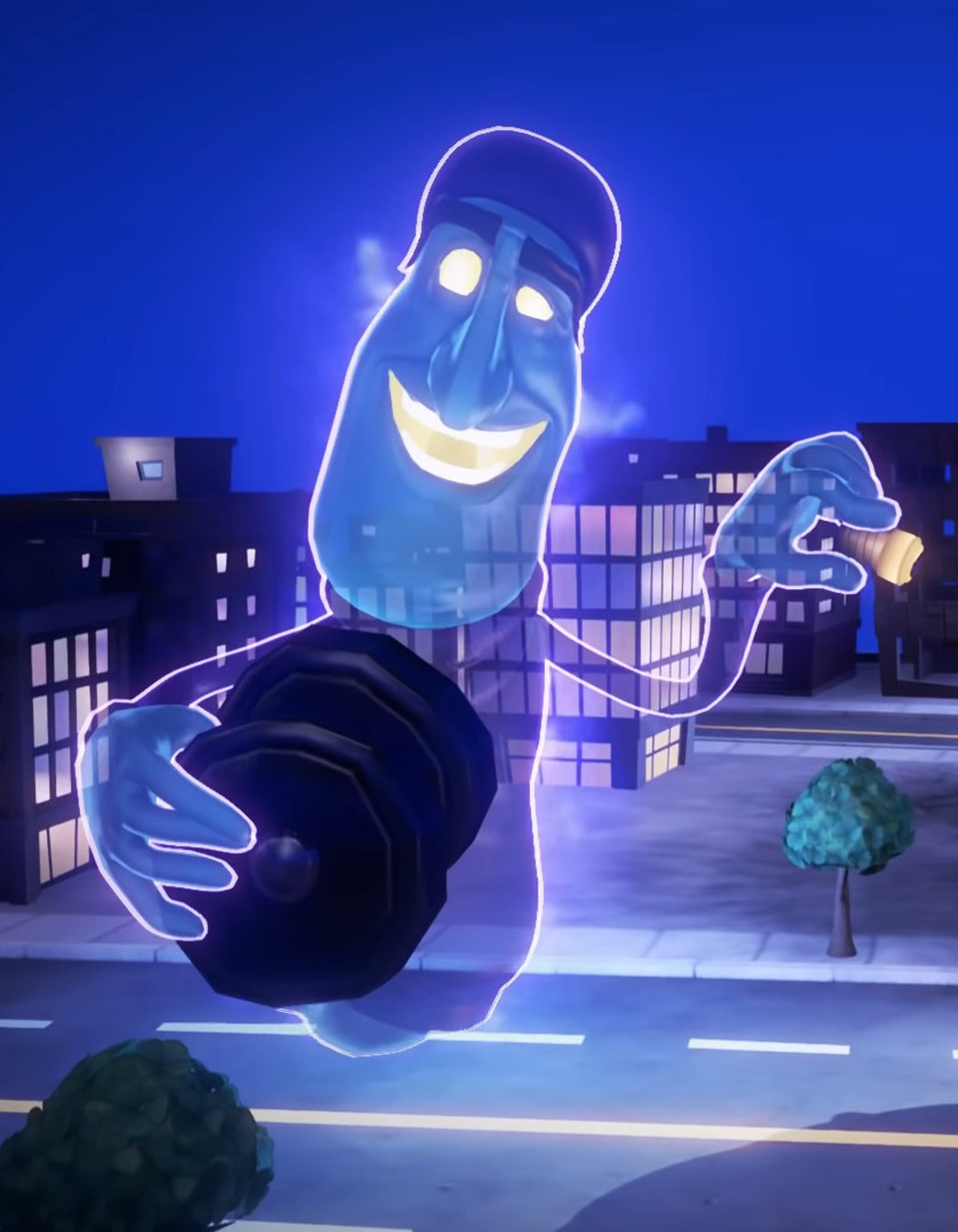 A transparent ghost character with a director's beret and turtleneck sweater, floating in a city street at night