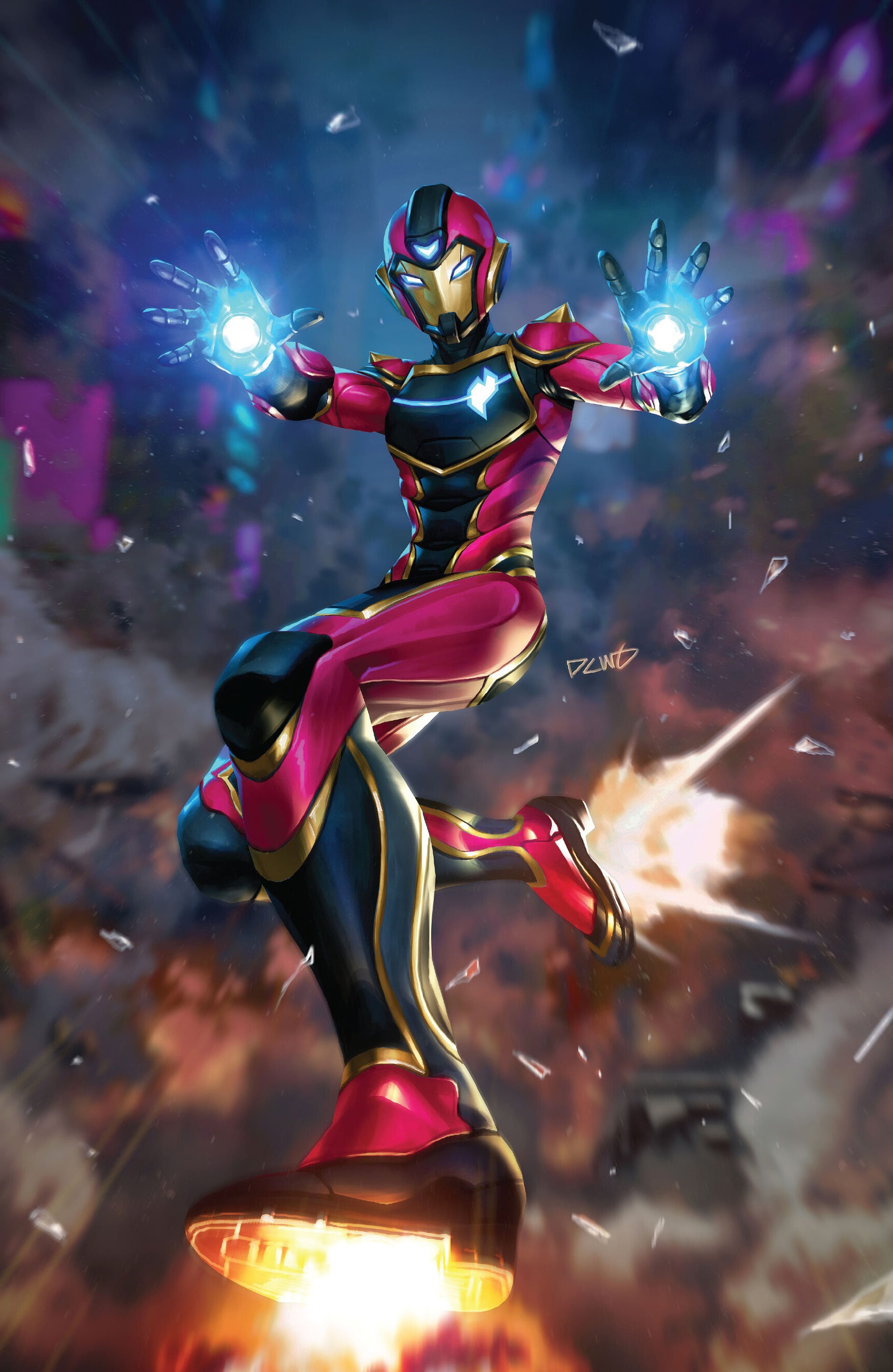 A female superhero character in a red and gold armored suit, with glowing energy effects.
