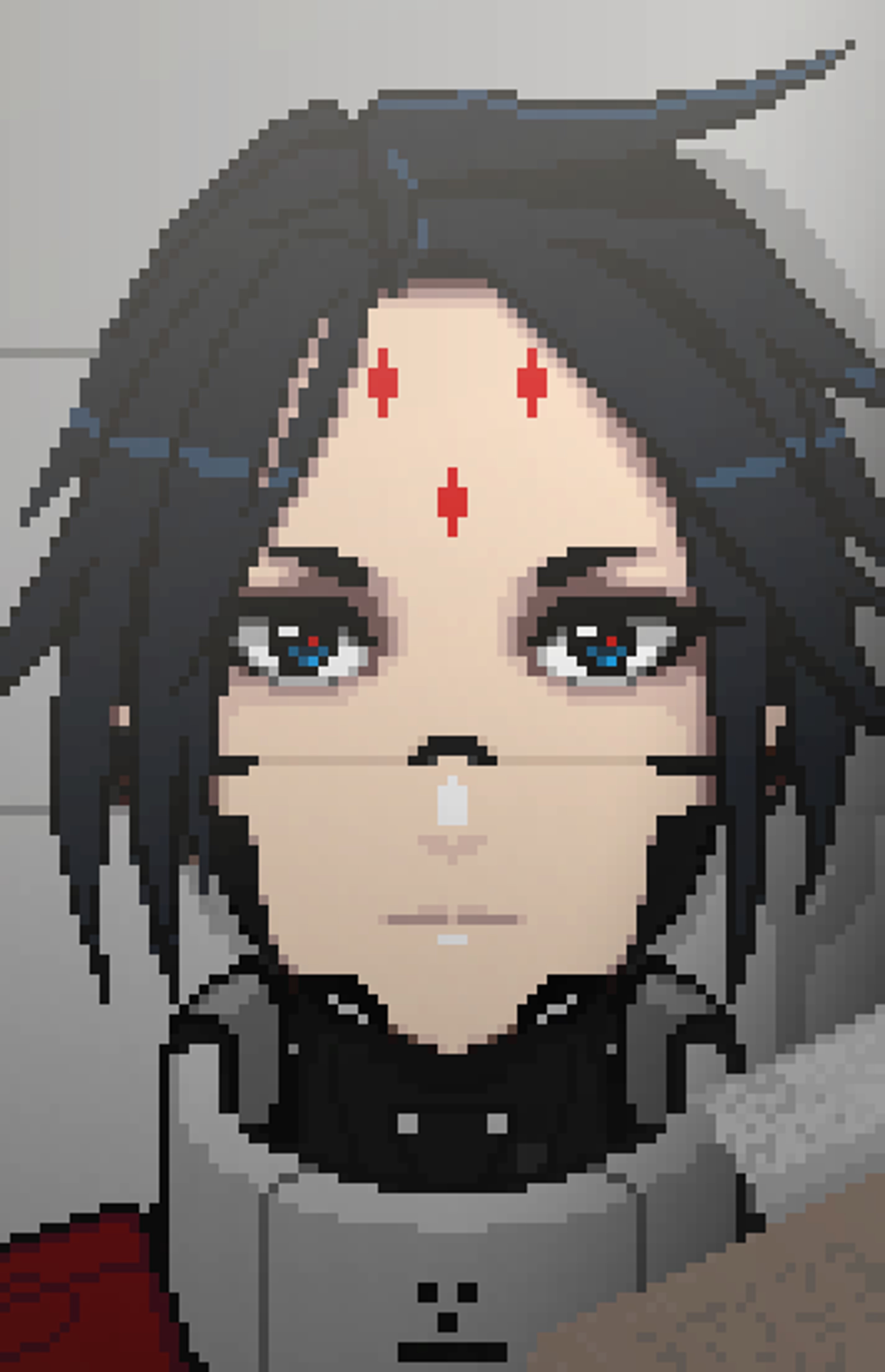 A detailed pixel art character with a biomechanical appearance, wearing a black outfit with red accents.