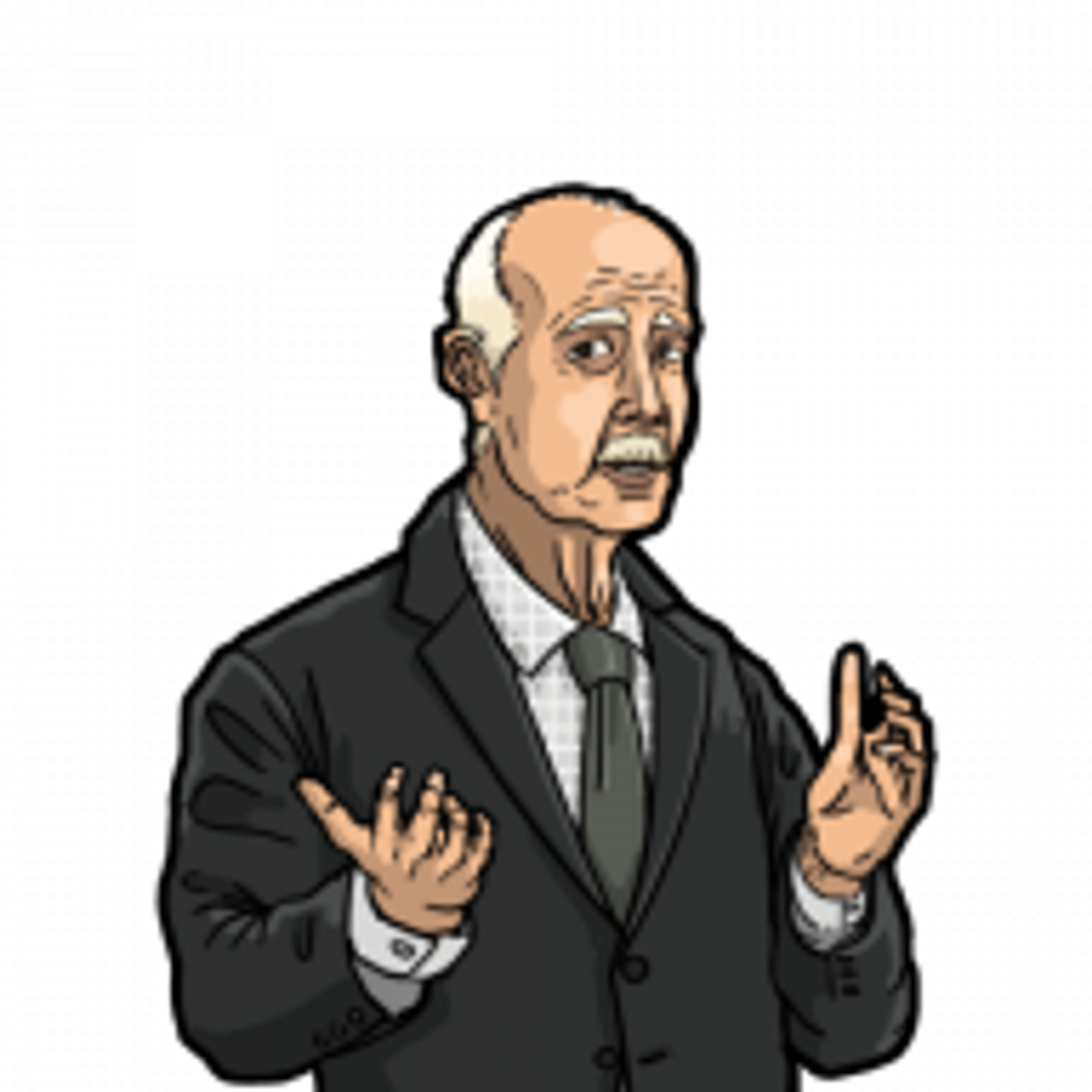 An older man with graying hair and glasses, wearing professional attire, gesturing as if speaking or explaining something.