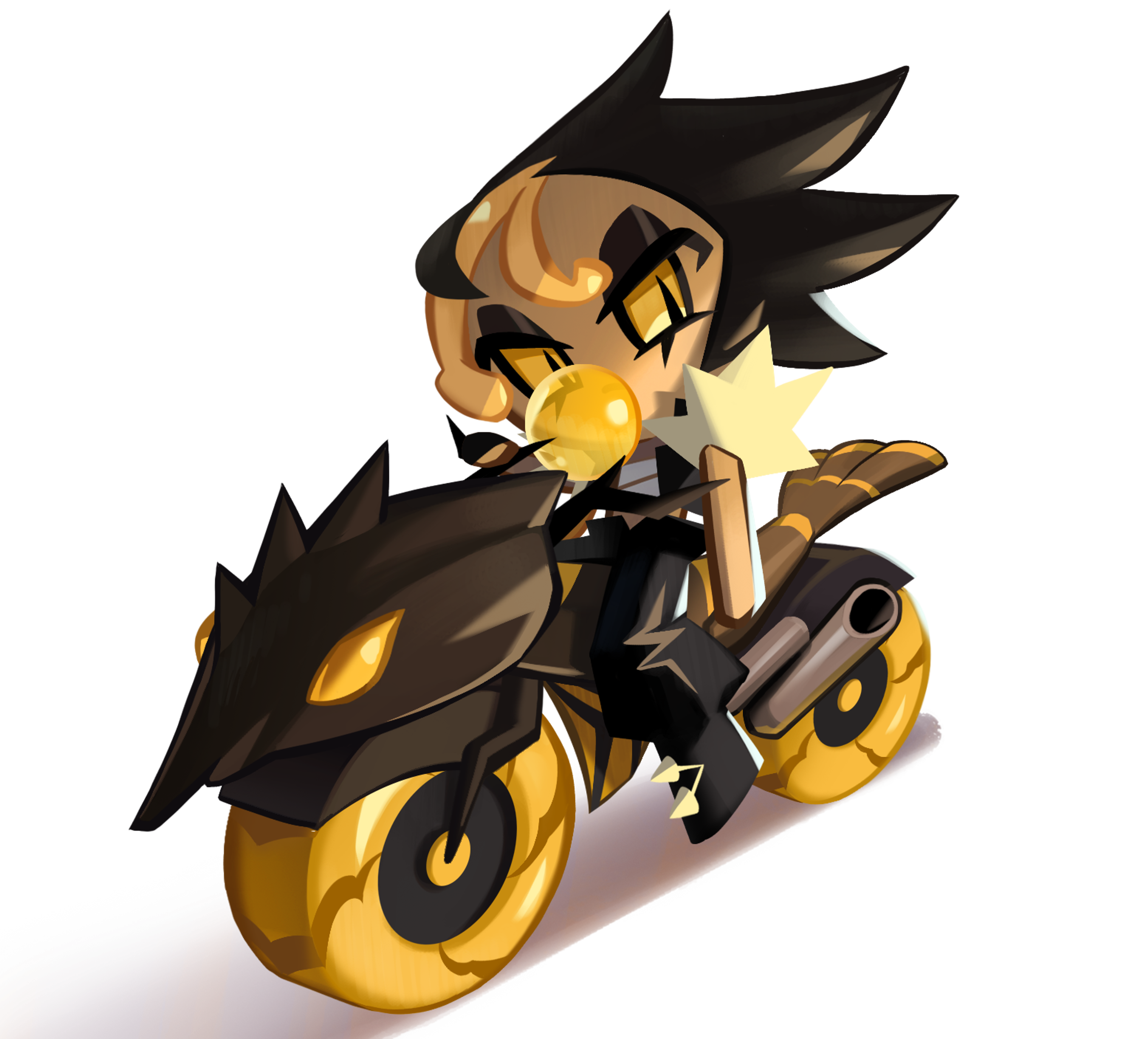 A female character with spiky black hair riding a motorcycle