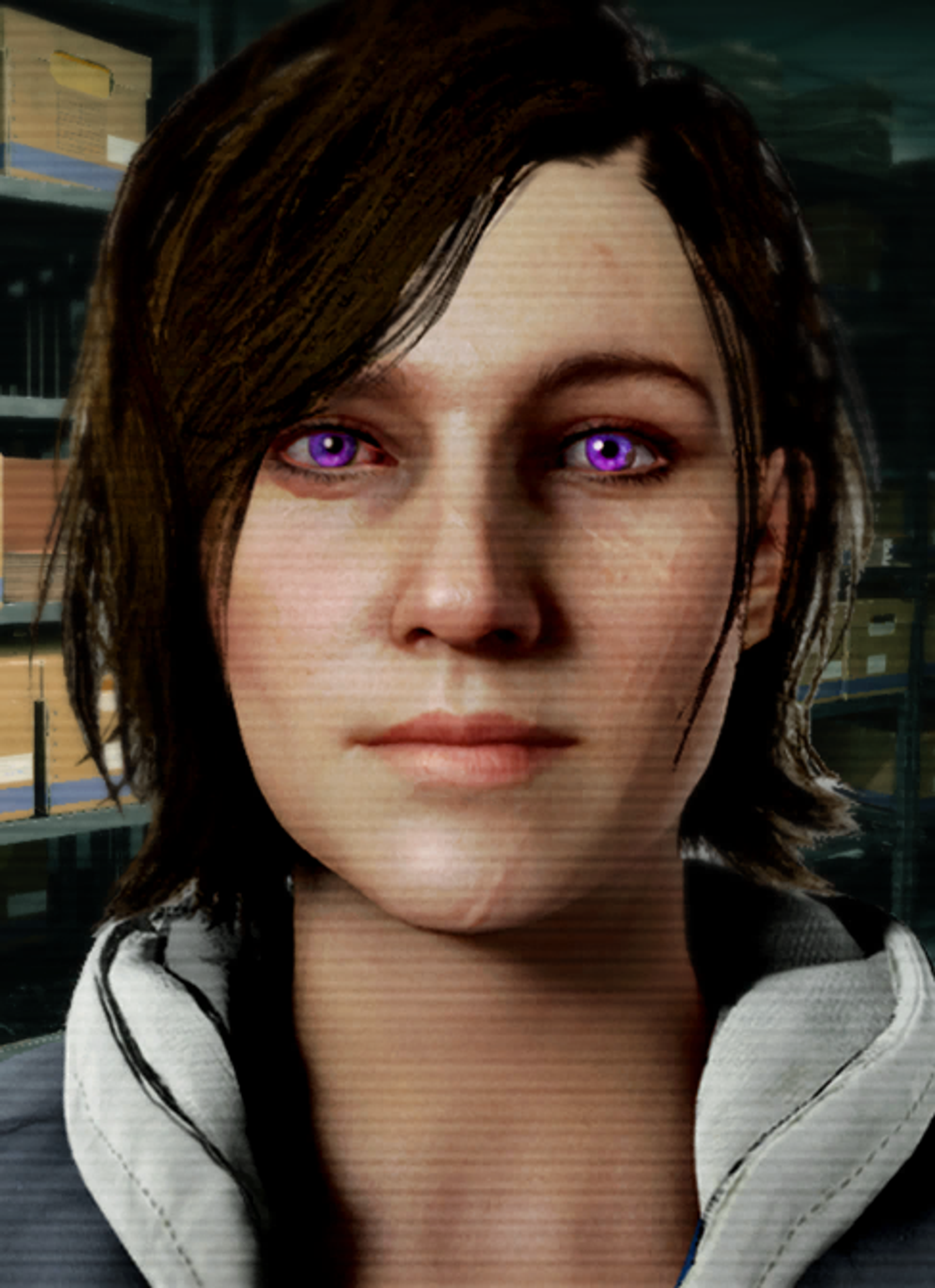 A young woman with dark hair and purple eyes, wearing a white shirt or jacket and looking serious.