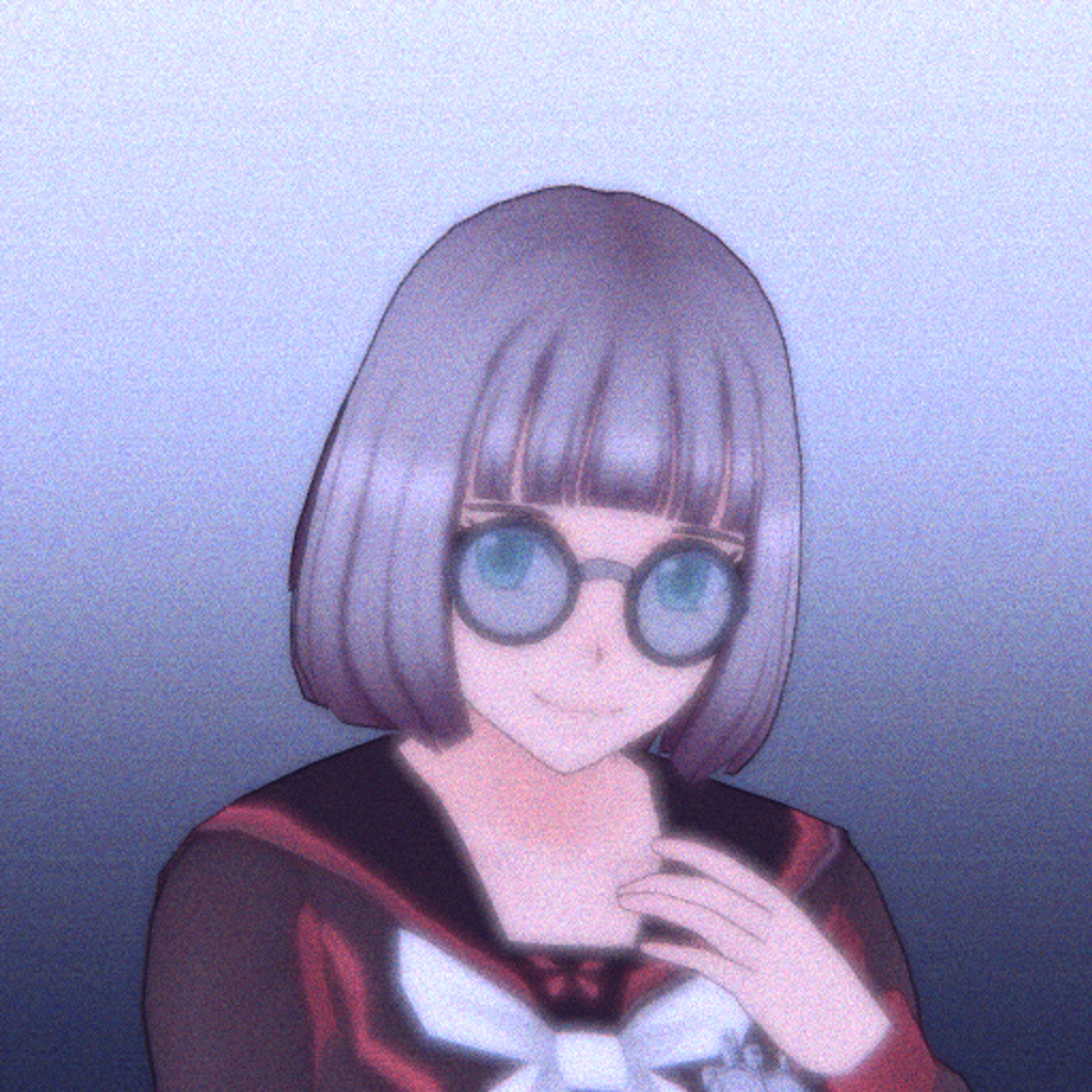 An anime-style character with gray hair, bangs, and glasses wearing a school uniform with a cat-themed pin