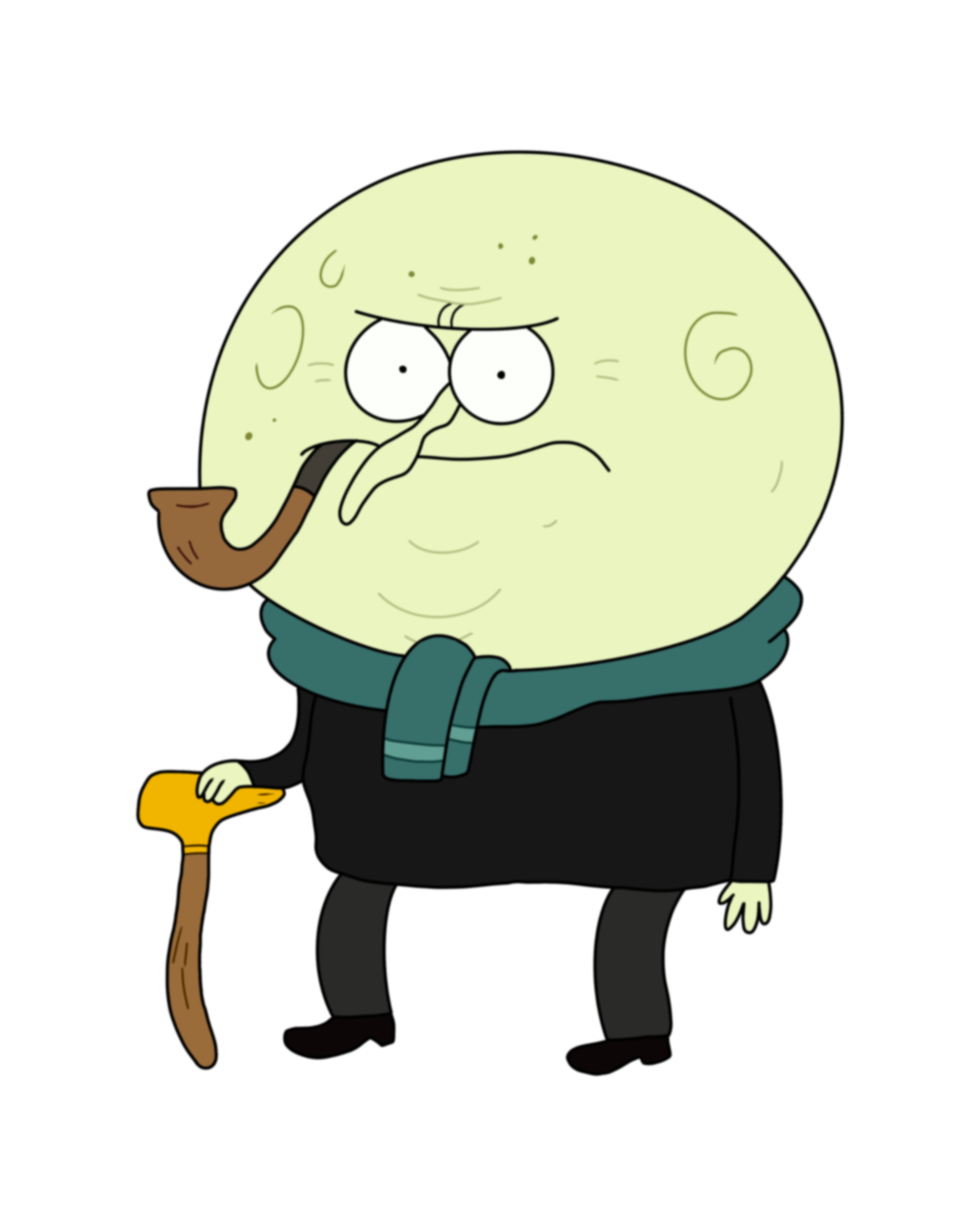 An elderly, short, greenish-skinned character in a formal suit holding a cane