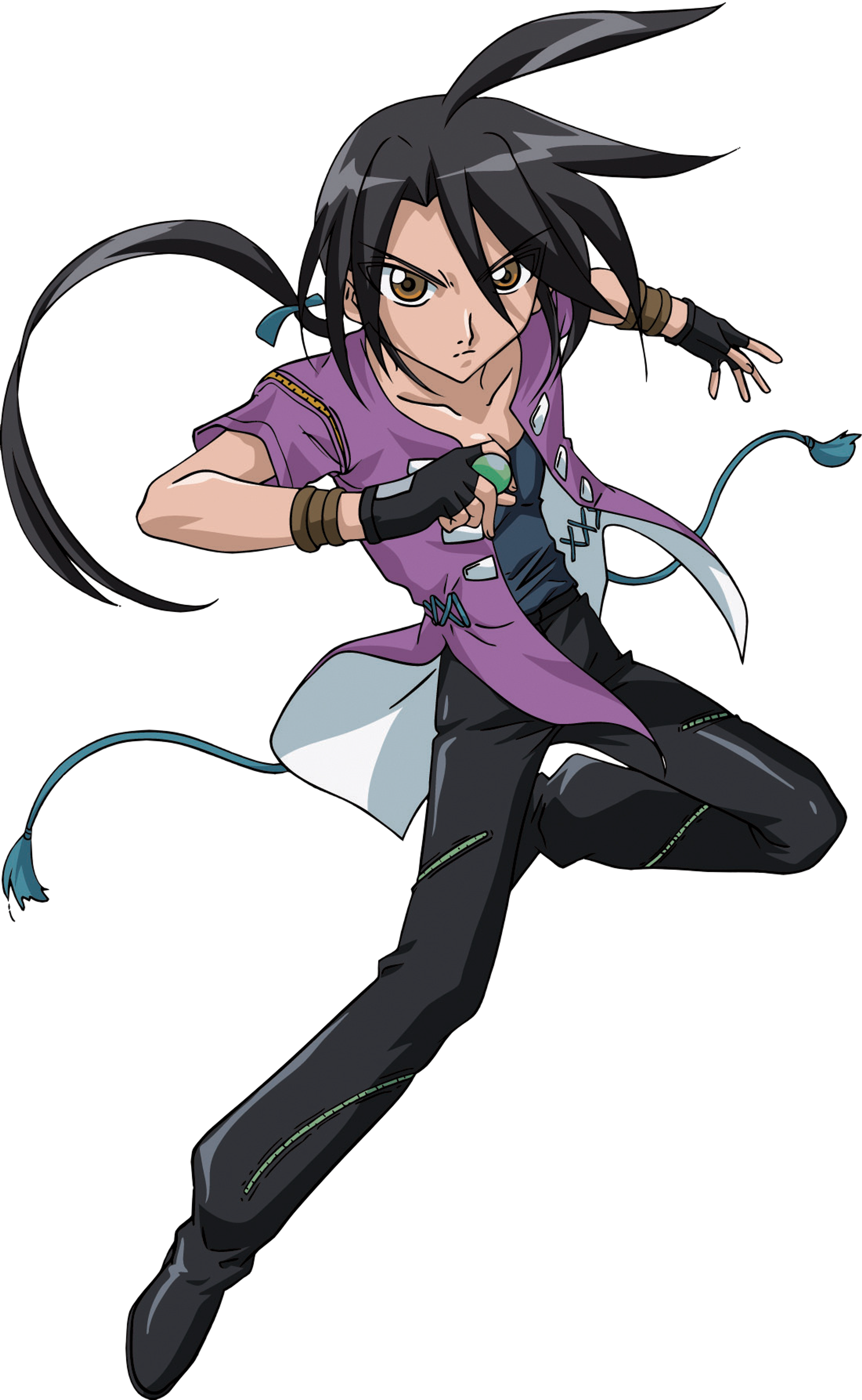 An anime-style character with dark hair and amber eyes, wearing a purple outfit and in a fighting stance.