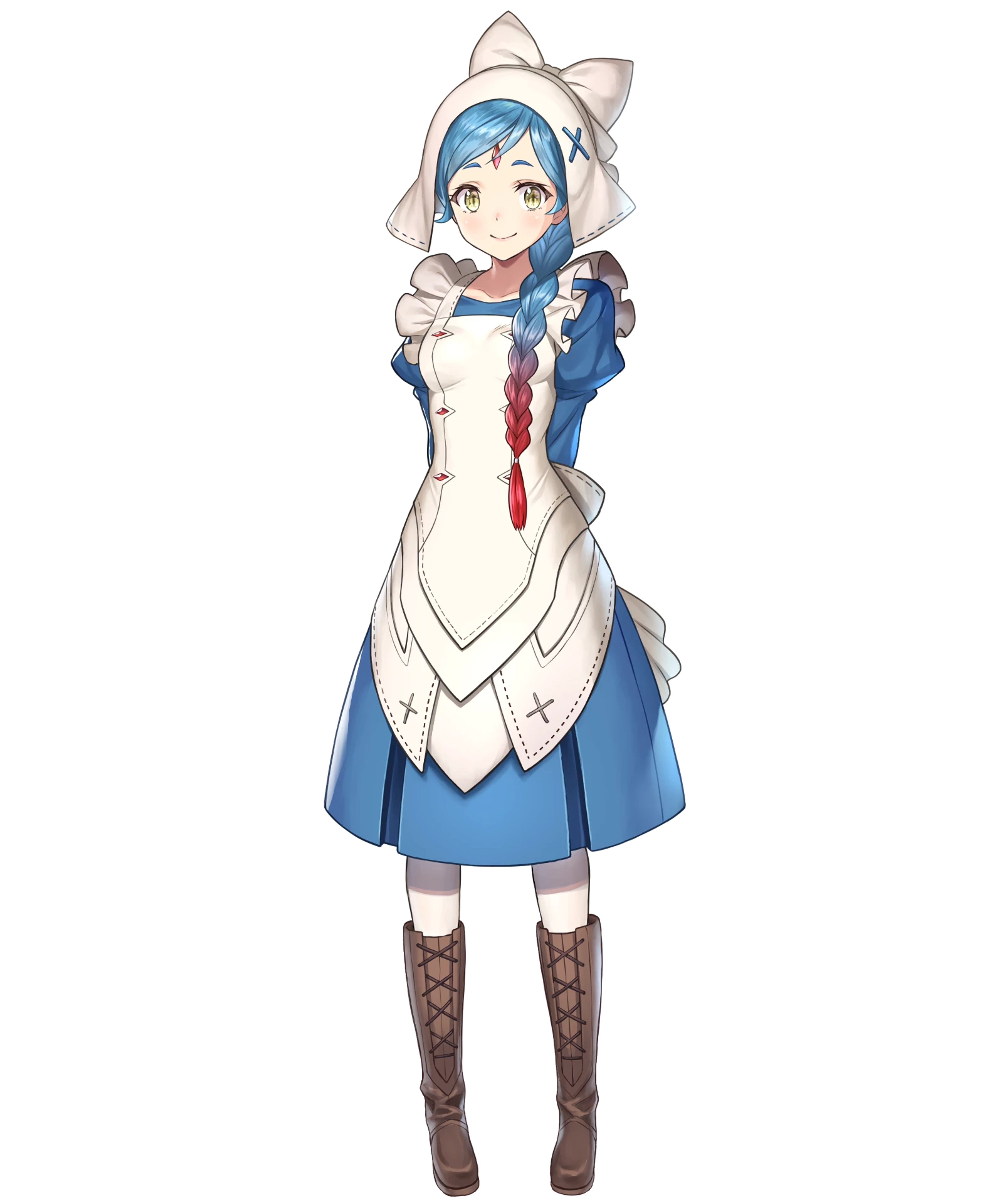 A young female anime-style character with blue hair wearing a white dress with blue accents