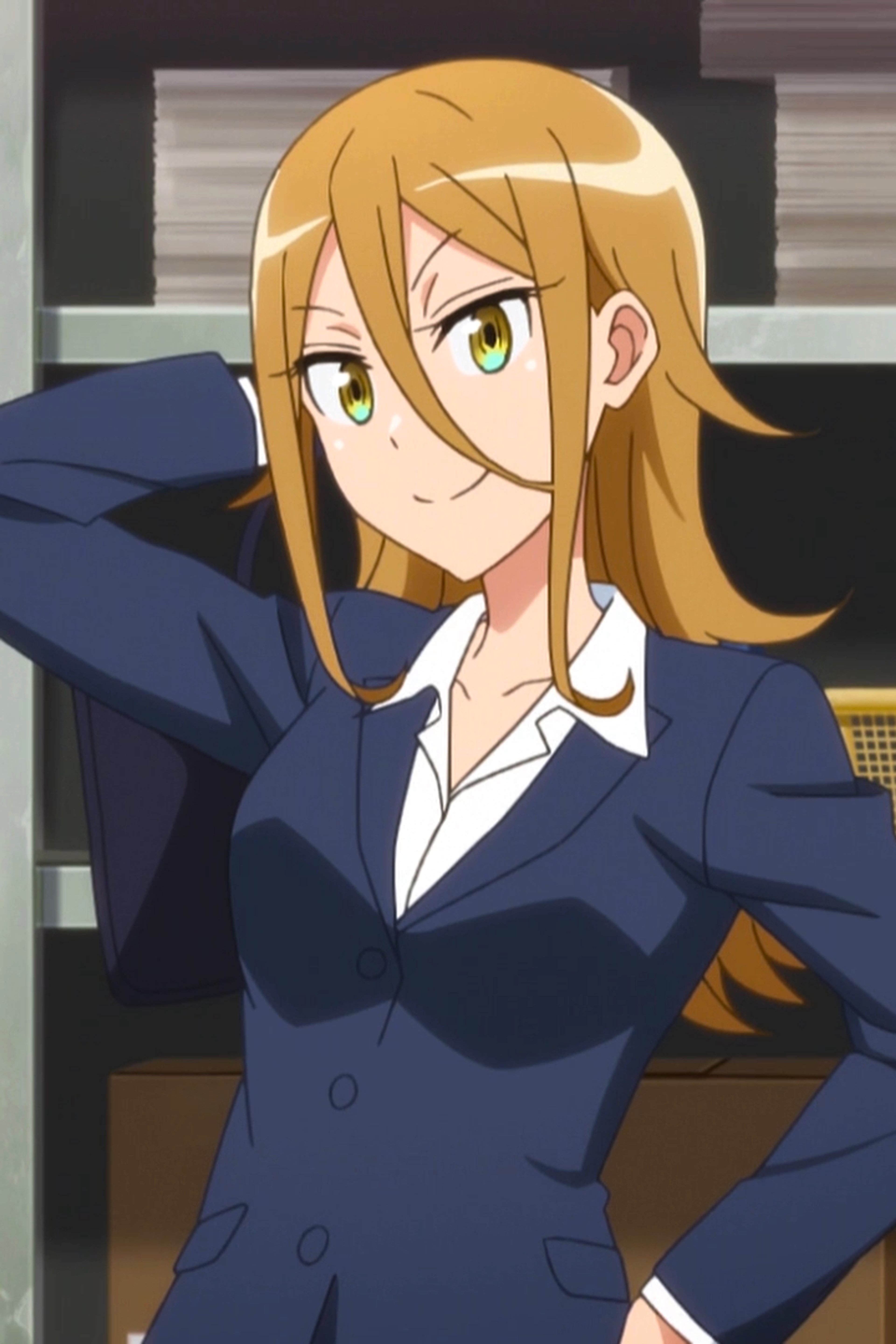 A young female teacher with long blonde hair and distinctive eyes, wearing a navy blue school uniform.