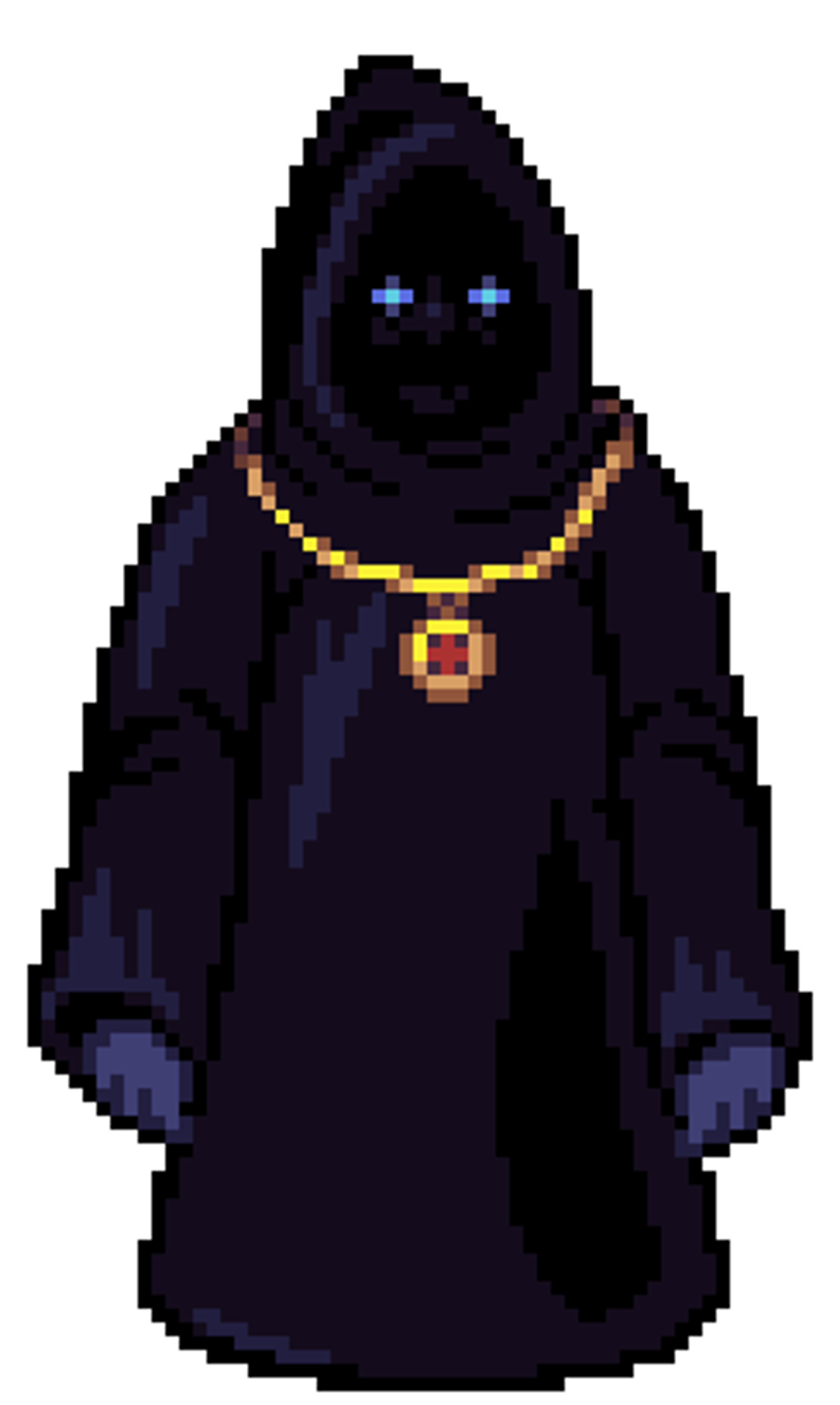 A pixel art character in a dark hooded robe with piercing blue eyes